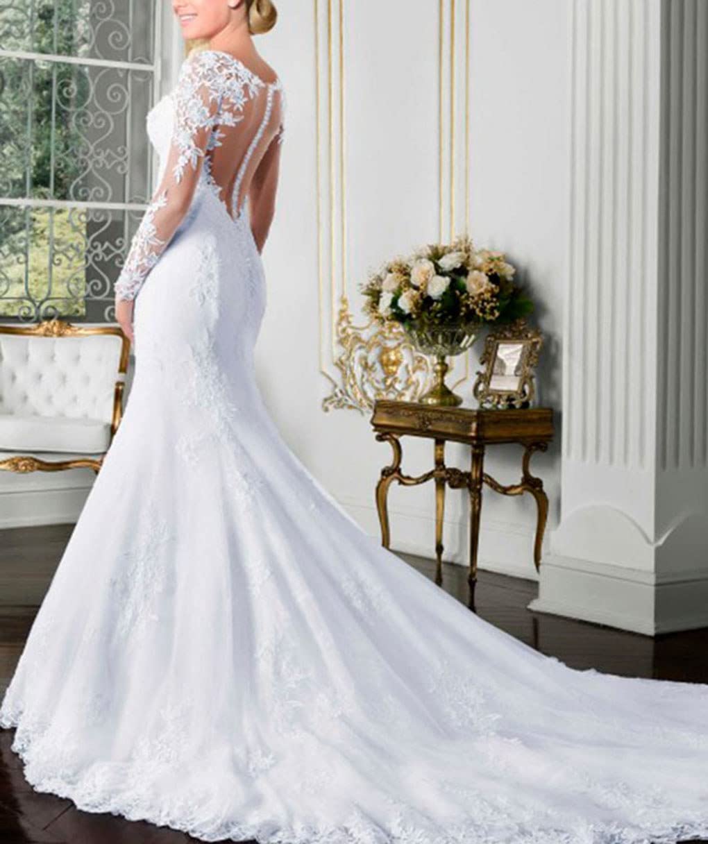 2024 Elegant Long Sleeve Mermaid Wedding Dress with Sheer Back - Romantic Bridal Gown for Women - Perfect for Beach, Church, and Formal Wedding Ceremonies