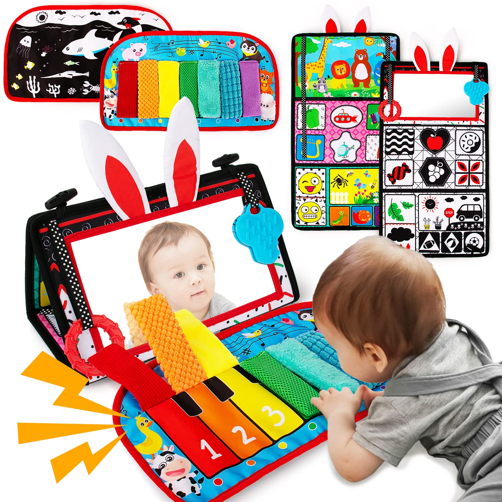 Black and White High Contrast Baby Mirror Toy - Tummy Time Sensory Infant Toy for Newborns 0-6 Months | Brain Development & Texture Exploration | Tabletop Mount with Squeaker Piano | Perfect for Early Learning and Playtime Stimulation