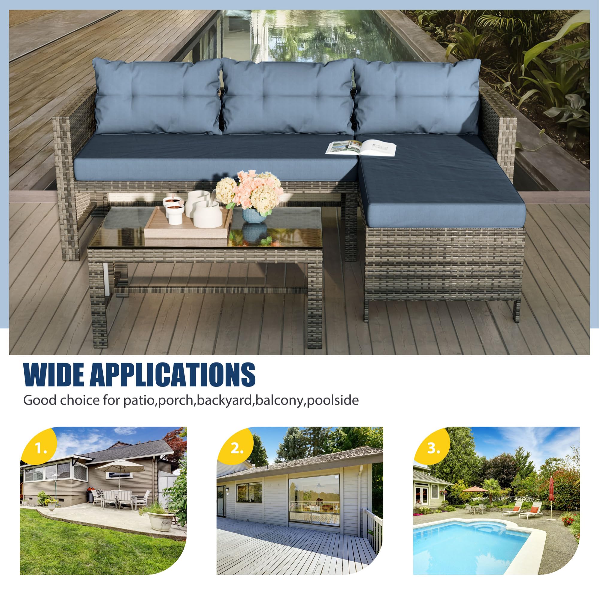 Vongrasig 3-Piece All-Weather Wicker Patio Furniture Set - Outdoor Sofa Sectional with Cushions & Glass Table - Blue Garden Conversation Set for Backyard, Deck, Poolside or Balcony