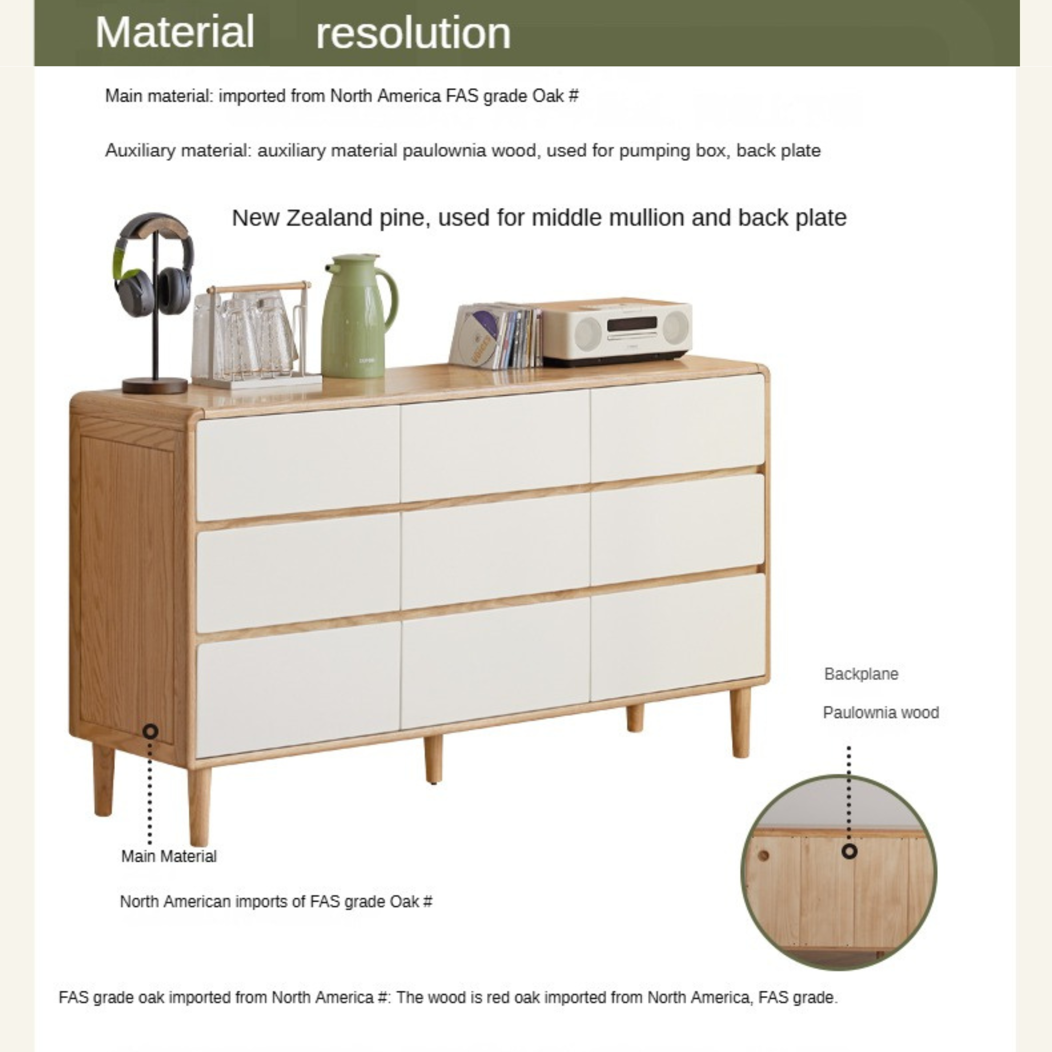 Oak Solid Wood Modern Nine Drawer Cabinet - Stylish Storage Solution for Bedroom, Living Room & Office Organization