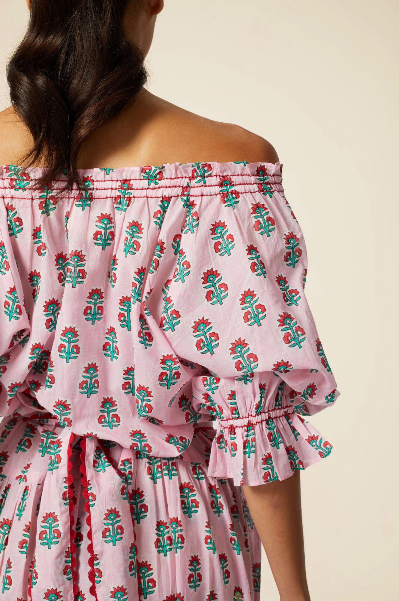 Violet Block Print Dress with Sunflower Buti Pink Design | Floral Summer Dress for Women | Perfect for Beach Vacations, Parties & Casual Outings