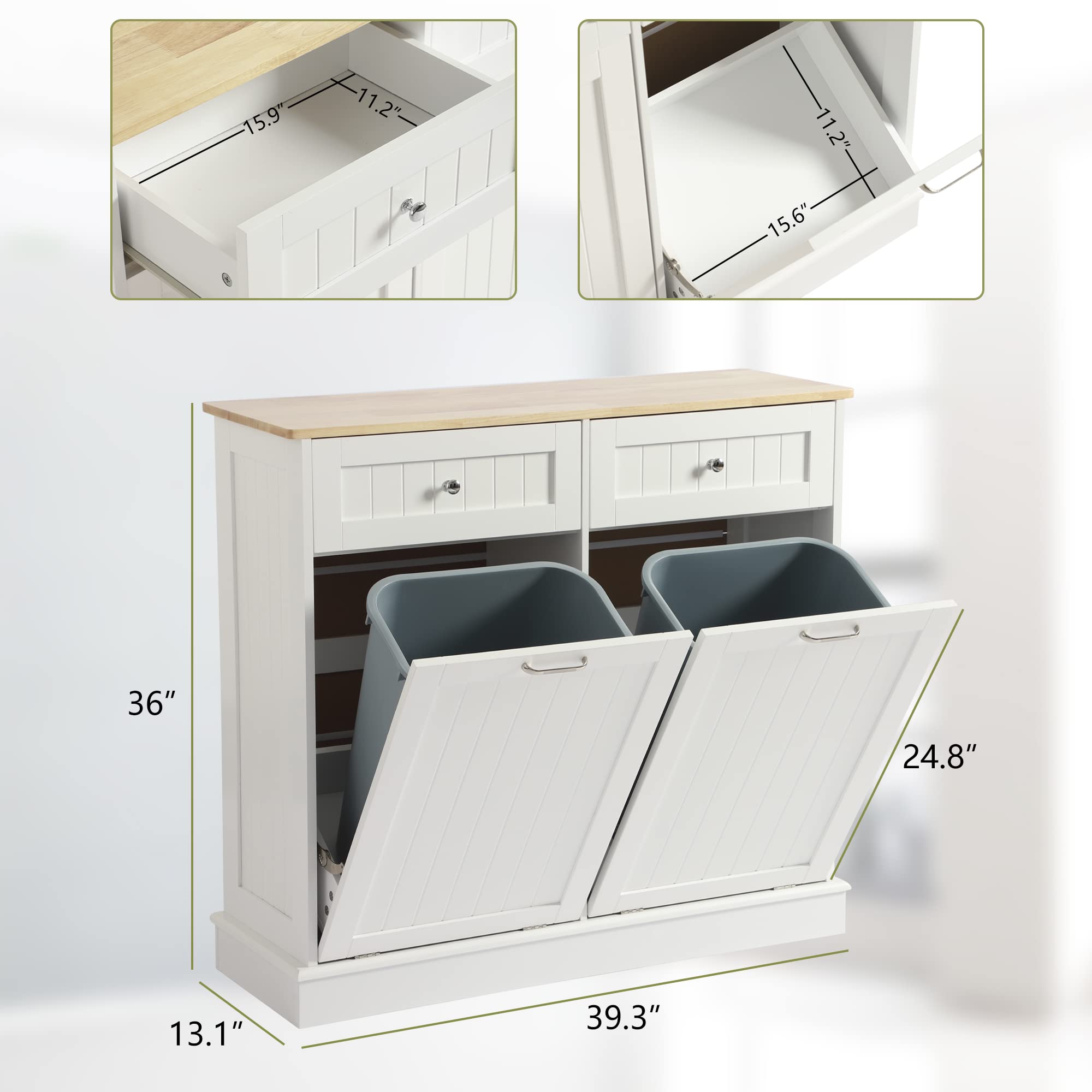 White Wooden Tilt-Out Trash Can Cabinet with Double Hidden Trash Bin Holder - Free Standing Kitchen Recycling Storage Organizer, Dog-Proof Garbage Can for Home & Office Use