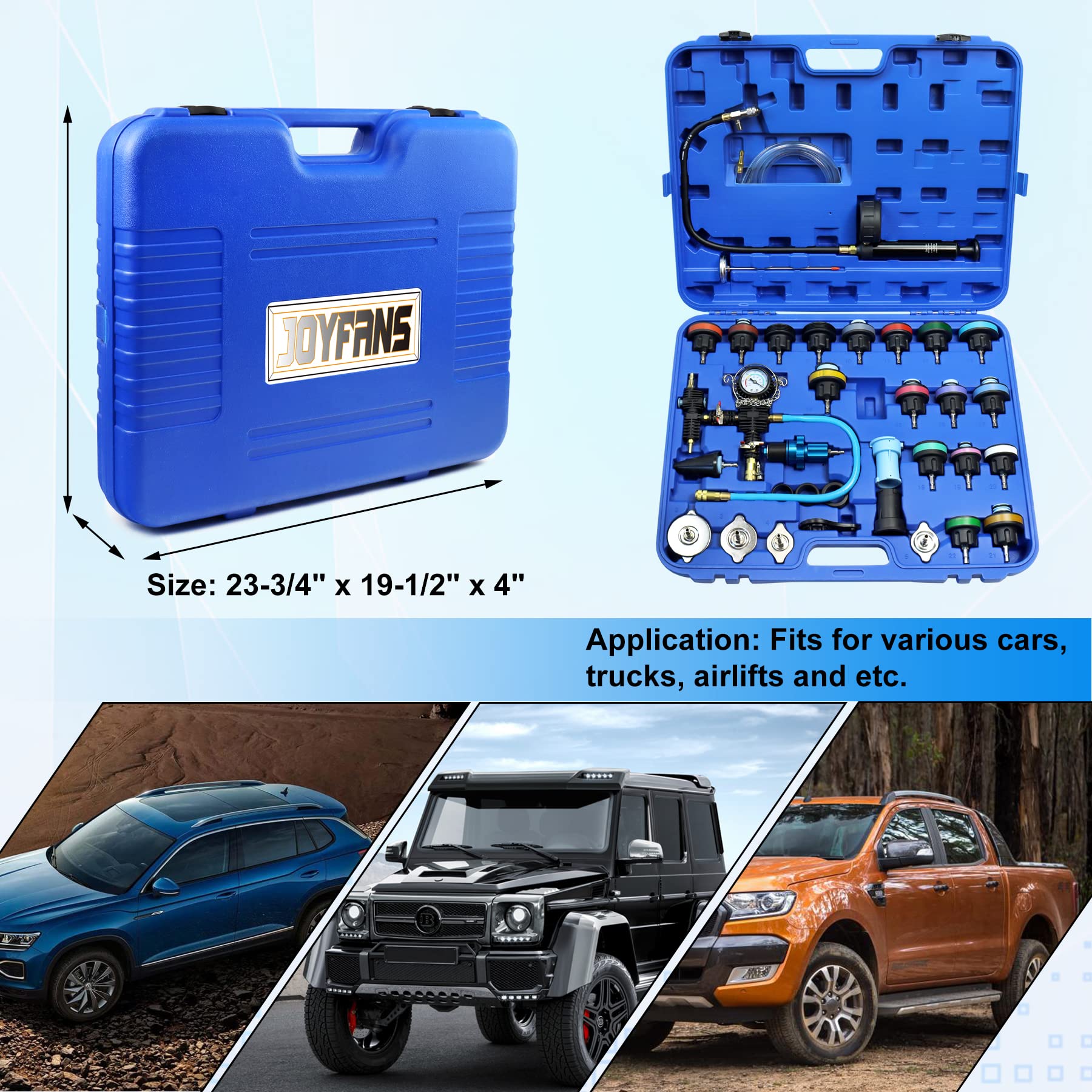 JoyFans 33Pcs Automotive Radiator Pressure Tester Kit with Cooling System Vacuum Tool, Pressure Gauge & Universal Adapters for Cars, Trucks - Perfect for DIY Coolant Flush & System Maintenance