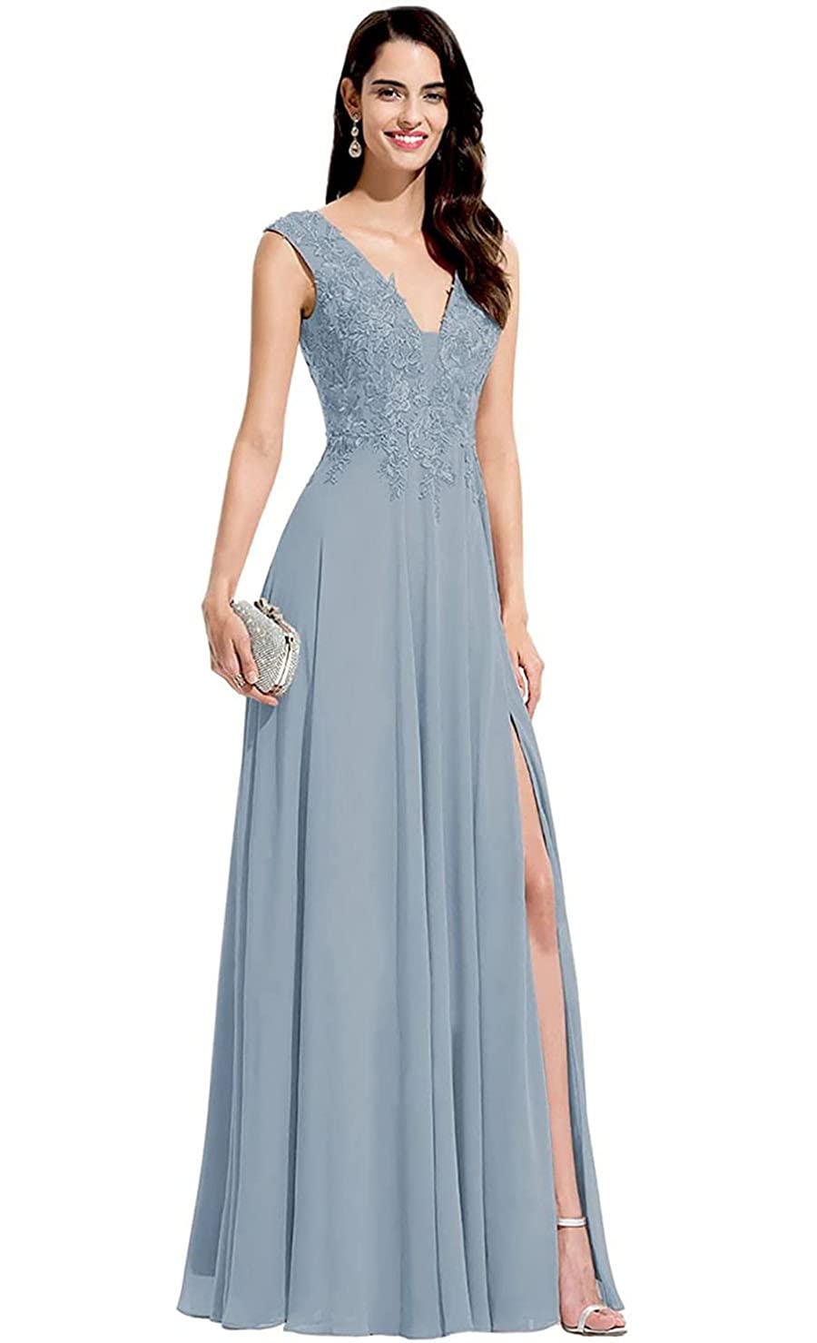 Elegant V-Neck Chiffon Bridesmaid Dresses with Lace Appliques - A-Line Long Formal Gowns with Side Slit | Perfect for Weddings, Proms & Special Occasions