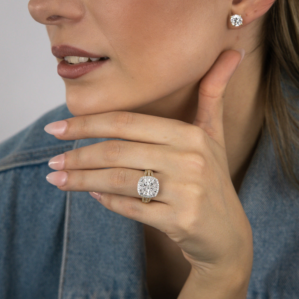 1 Carat Cushion Cut Diamond Ring in 9K Yellow Gold & Sterling Silver - Elegant Engagement & Wedding Ring for Women