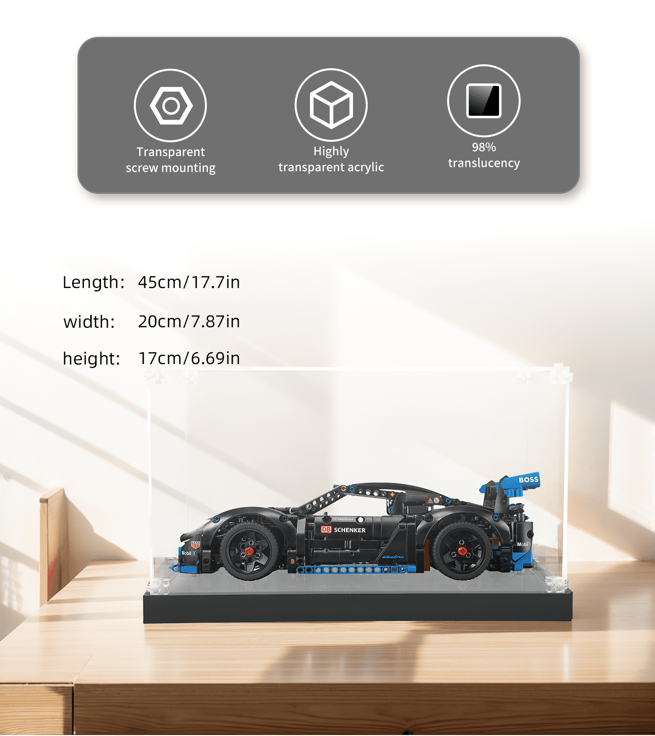 LEGO Porsche GT4 e Performance Race Car 42176 Display Case - Premium Acrylic Showcase for Collectible Model Cars - Perfect for Home Office Decor & Toy Storage