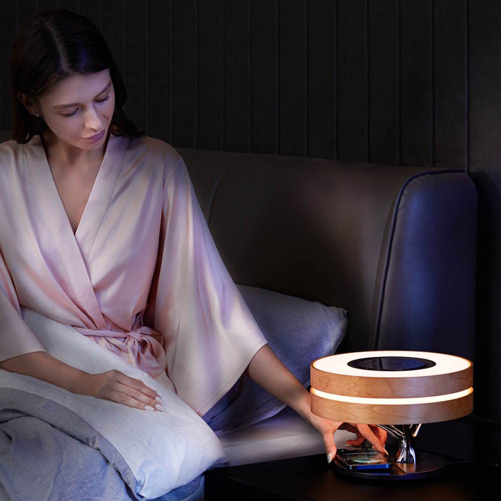 Modern LED Bedside Smart Table Lamp with Built-in TWS Bluetooth Speaker & Qi Wireless Charger - Stepless Dimming, Sleep Mode - Perfect for Bedroom, Office, and Nightstand Use (Circle of Light Design)
