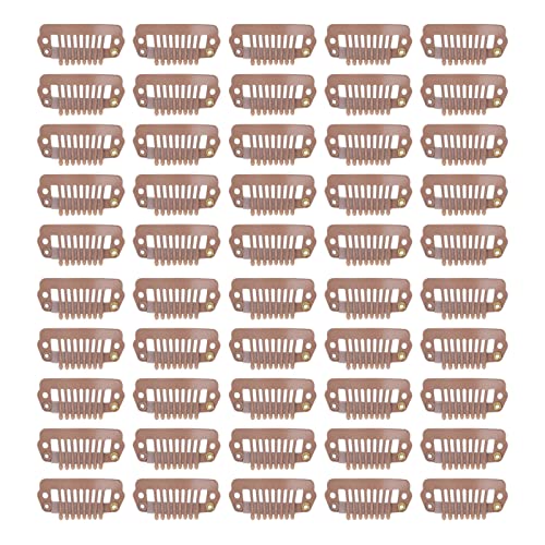 U-Shape Metal Wig Clips with 8 Teeth - Stainless Steel Snap Comb Hair Clips with Rubber Grips for Hair Extensions & Wigs (50pcs, Light Brown) - Perfect for Securing Weaves, Toupees & Cosplay Wigs
