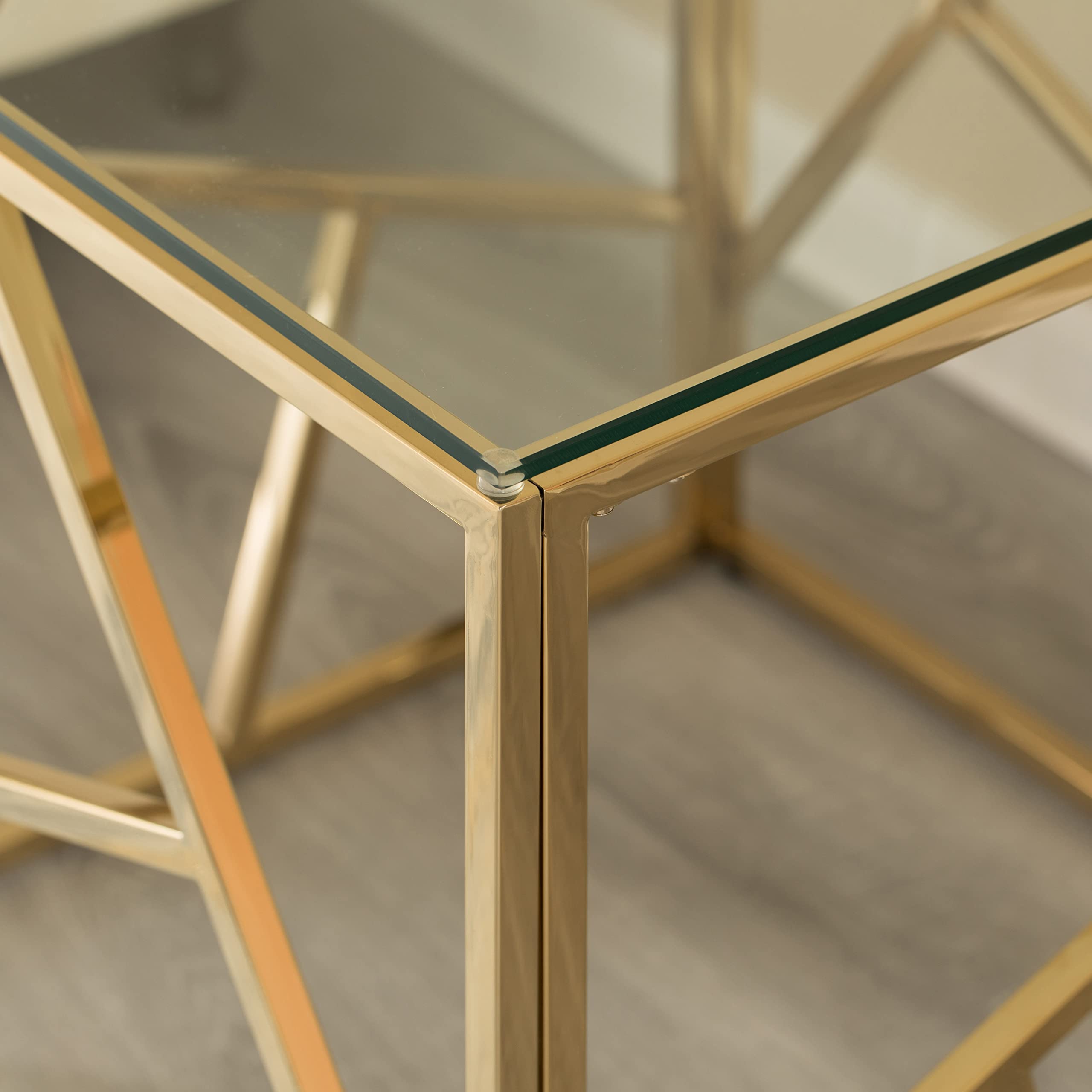 Modern Square End Side Table with Tempered Glass Top & Gold Metal Frame - Stylish Living Room Coffee Table for Home Decor, Office Lounge or Bedroom Accent