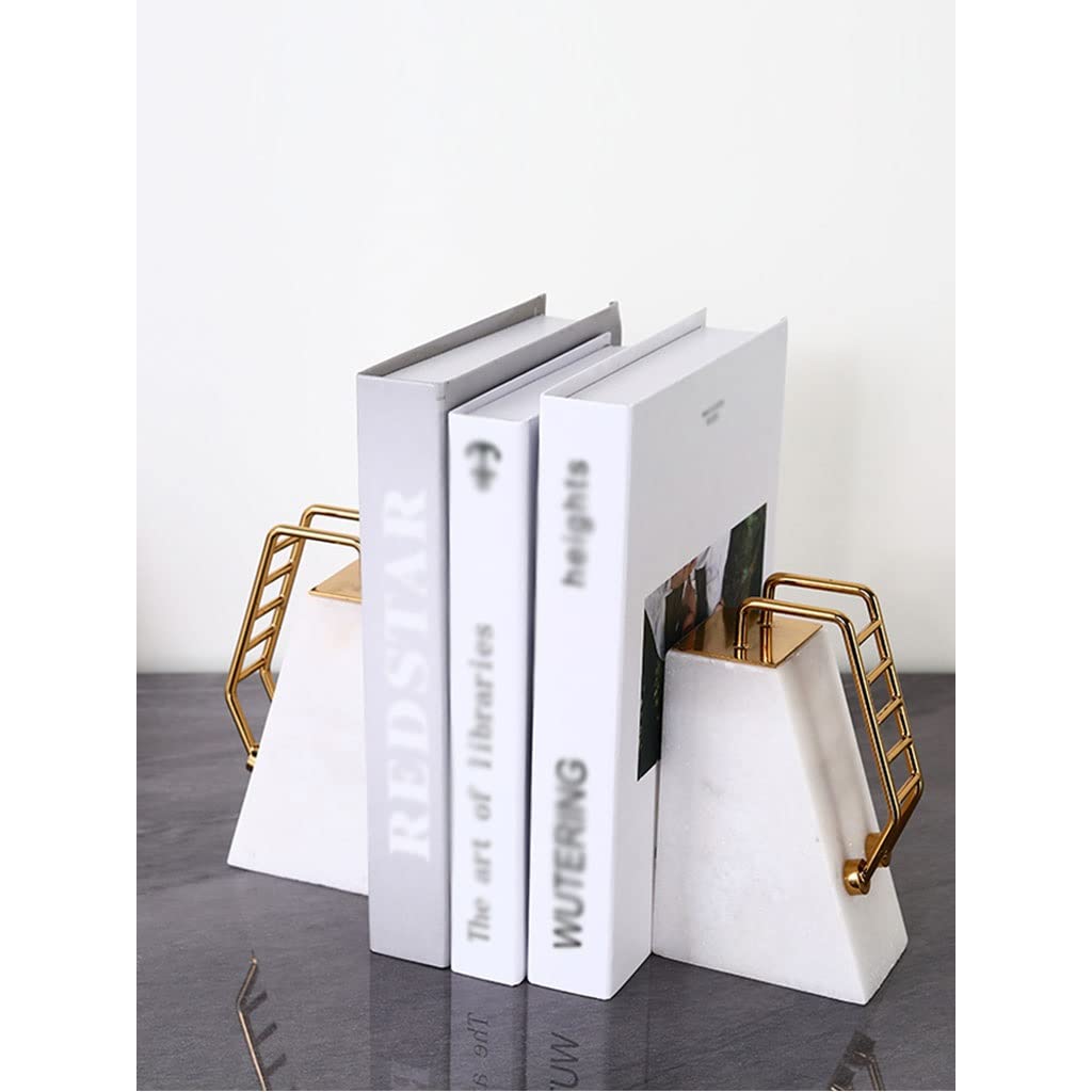 Nordic Marble Bookends - Metal Staircase Design Book Holders for Heavy Books | Elegant Home Office Desk Decor & Study Organizer | Perfect Gift for Book Lovers (Set of 2) - Ideal for Bookshelves, Office Desks, and Reading Nooks