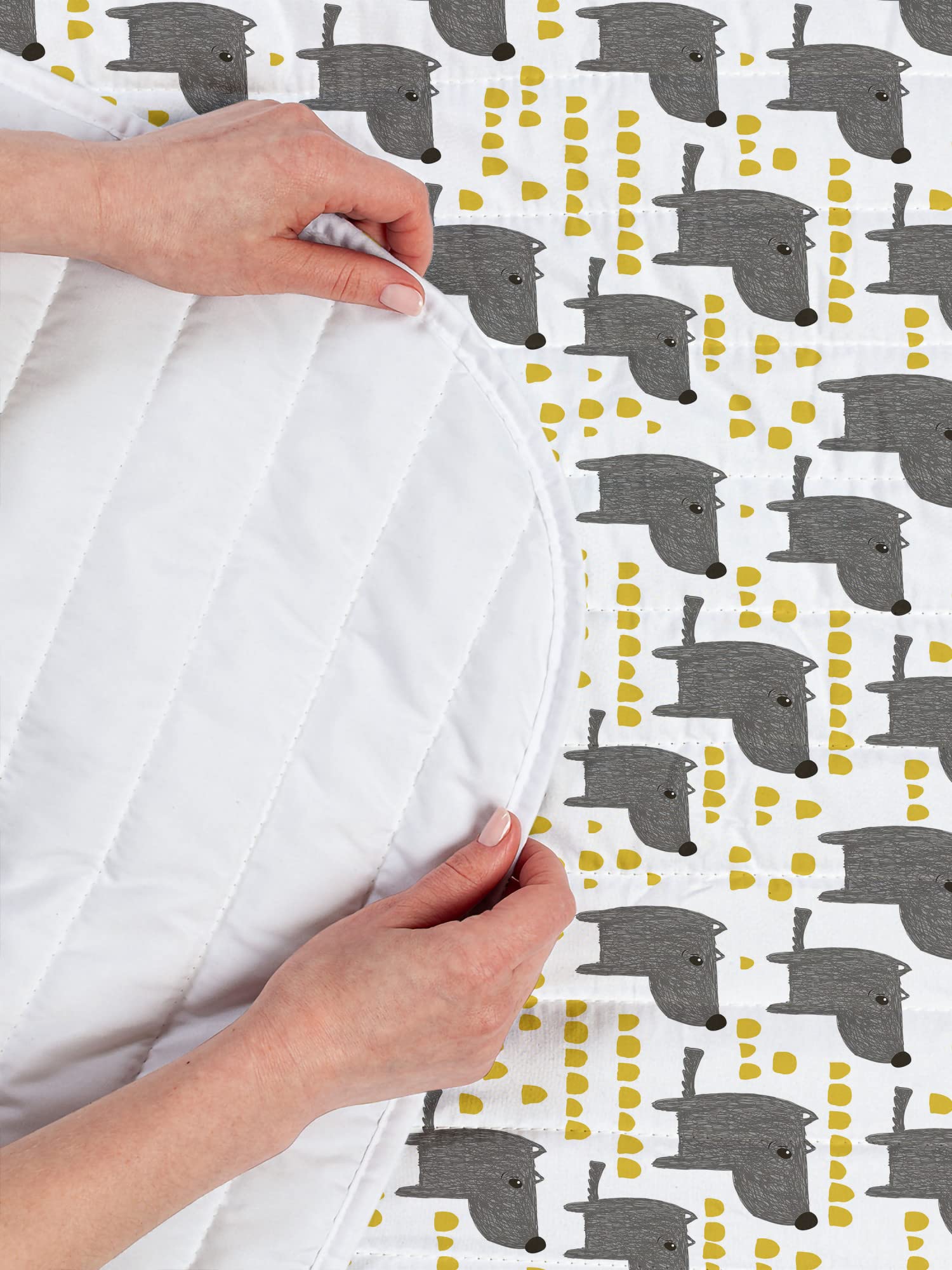 Ambesonne King Size Dog Themed Microfiber Bedspread Set - Abstract Yellow Dots & Grey Cartoon Pet Design with Matching Pillow Shams & Comforter - Soft Bedding for Dog Lovers' Bedroom Decor (Grey Marigold White)