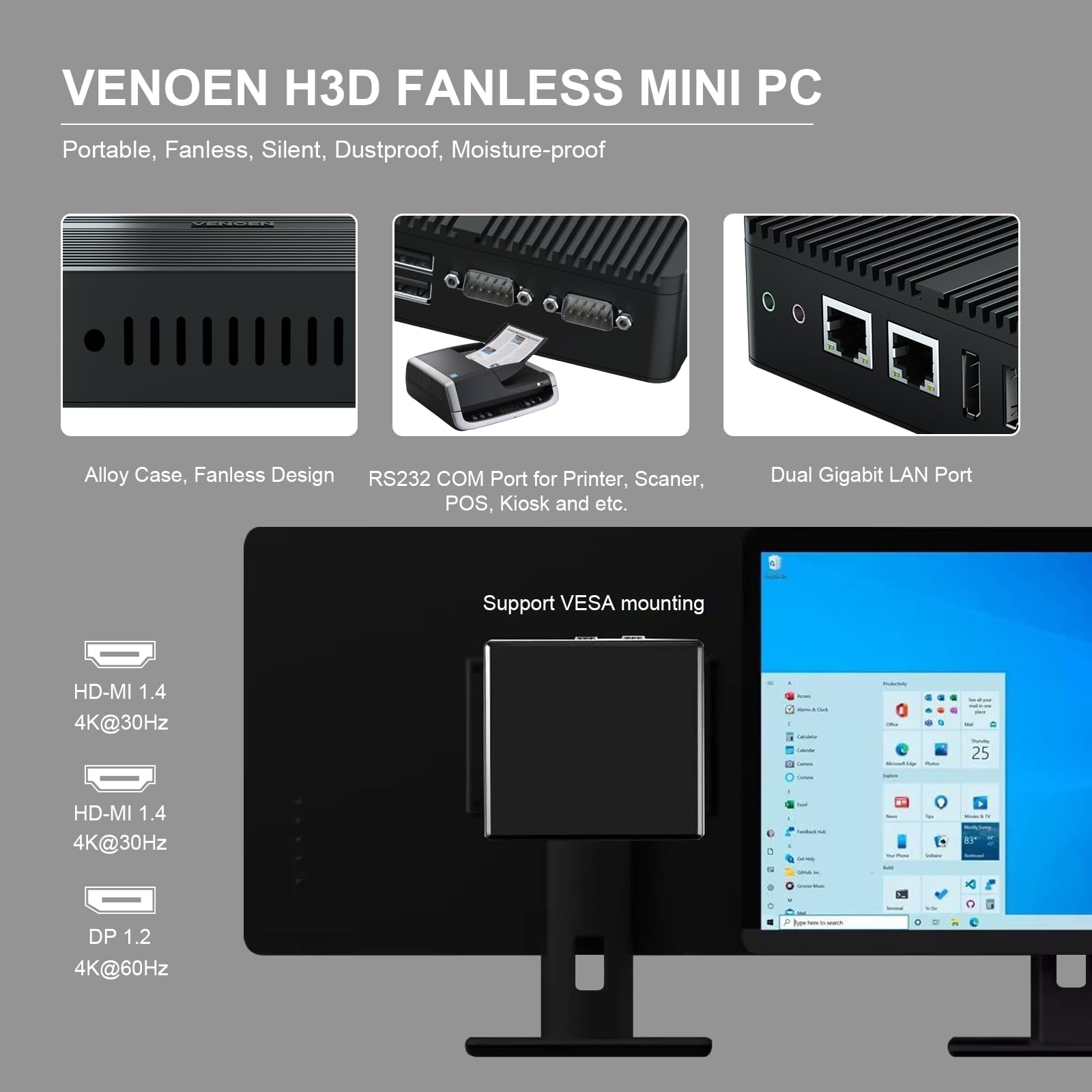 VENOEN Fanless Mini PC with 12th Gen Intel J6412 Processor, Windows 11 Pro, 8GB DDR4 RAM & 256GB SSD - Dual HDMI, DisplayPort, 3 Display Support, 2x LAN, 2x RS232, WiFi, Bluetooth 4.2 - Perfect for Home Office, Digital Signage, and Industrial Automation