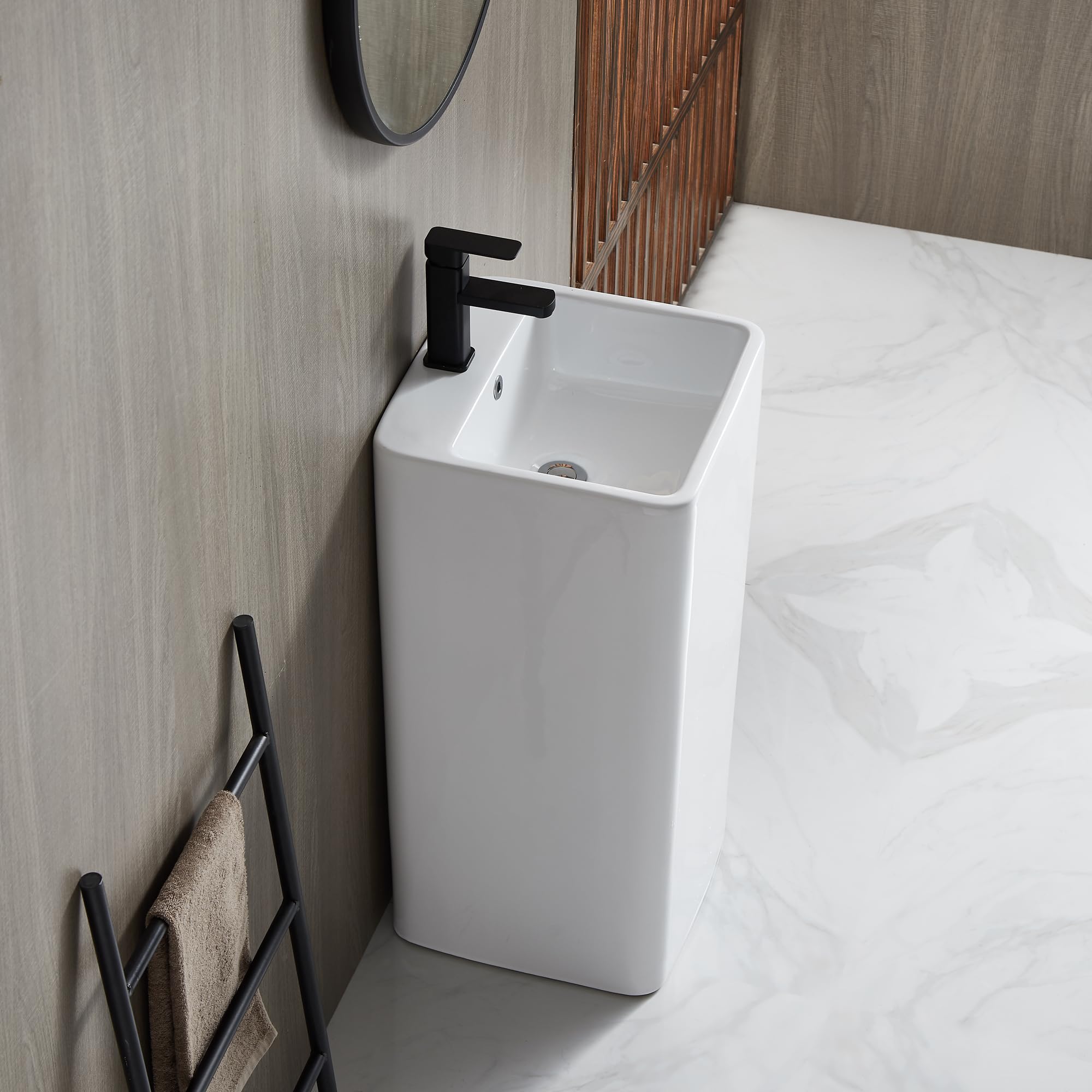 Eridanus 16x16 Inch Glossy White Vitreous Ceramic Pedestal Bathroom Sink with Overflow - Square One Piece Design for Modern Bathrooms, Powder Rooms & Guest Baths