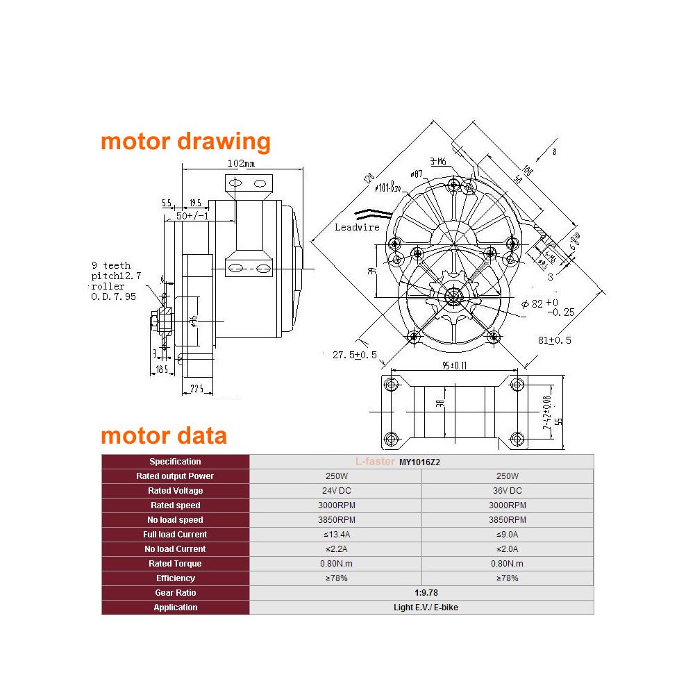 250W Electric Brushed Motor MY1016Z with 16T Gear - Freewheel L-faster Motor Kit with Brush Controller & Connectors for E-Bike, Scooter & DIY Electric Vehicle Projects