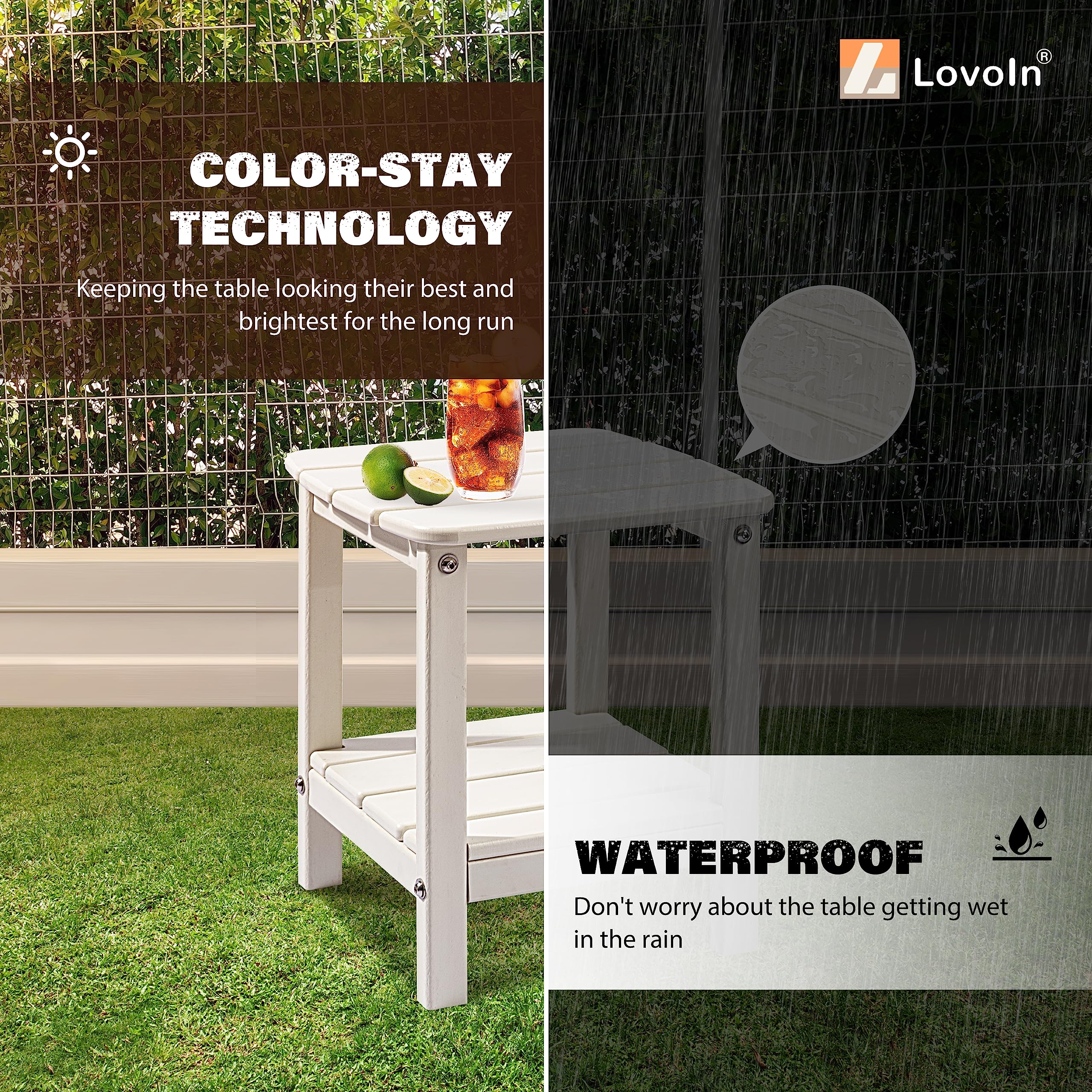 LovoIn Adirondack Outdoor Side Table - Weather Resistant HDPE Poly Lumber End Table for Patio, Poolside & Indoor Use - Low Maintenance Off-White Furniture for Relaxing in Your Garden or by the Pool
