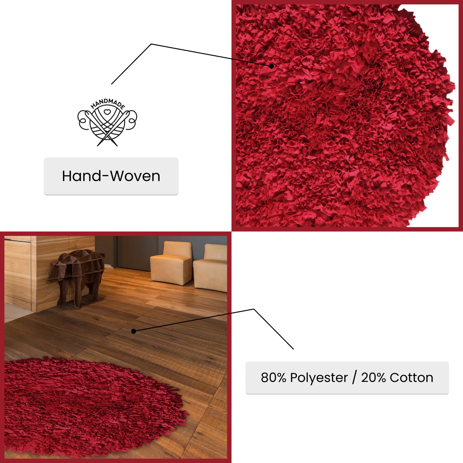 Premium Soft Shaggy Jersey Rug for Living Room - Machine Washable, Non-Slip, Foldable Indoor Carpet - 3' Round Red Accent Rug - Perfect for Cozy Home Decor, Bedroom Floor Mat, and Kids Play Area