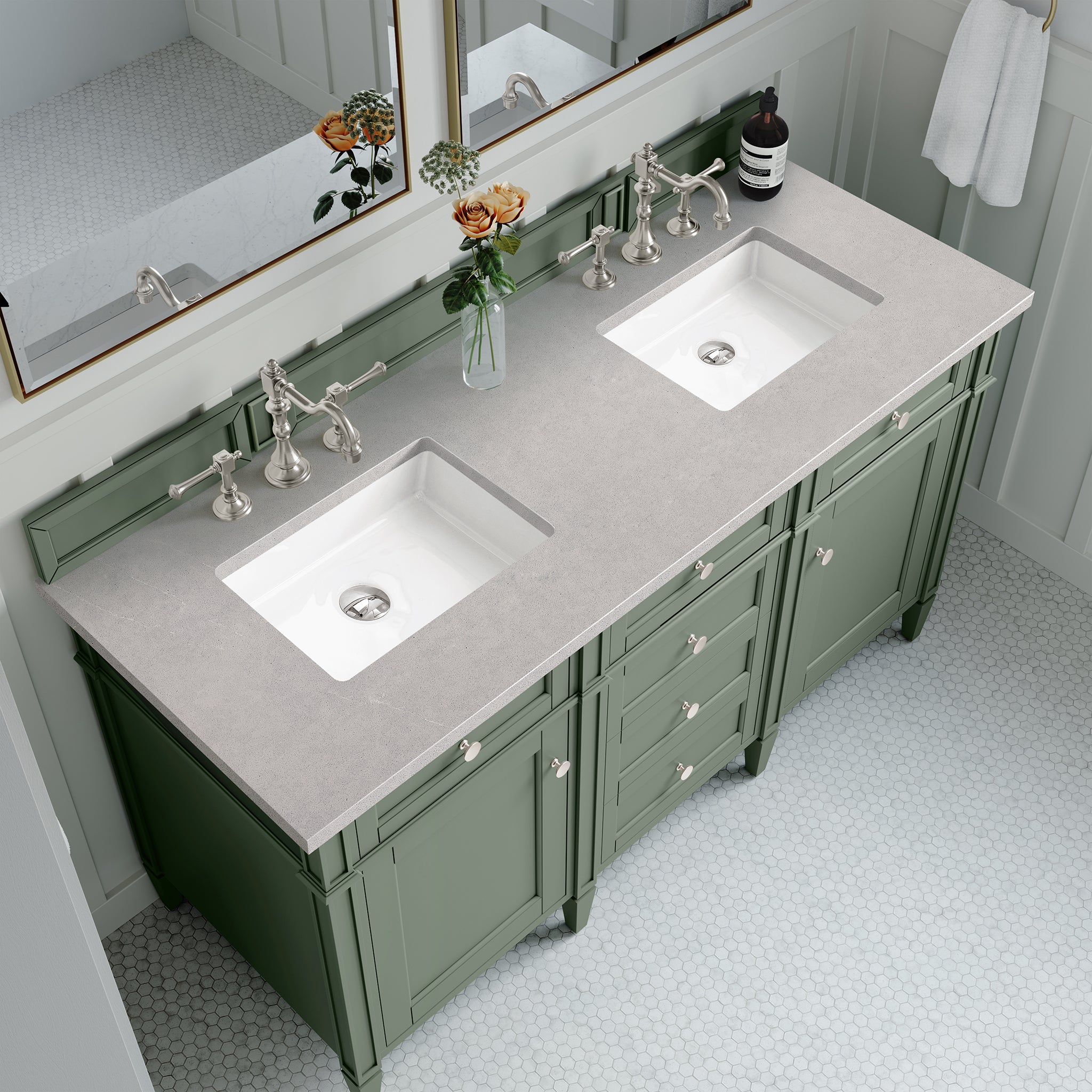 Brittany 60-Inch Double Bathroom Vanity in Smokey Celadon with 3CM Eternal Serena Quartz Top - Perfect for Master Bathroom Renovations & Luxury Home Upgrades