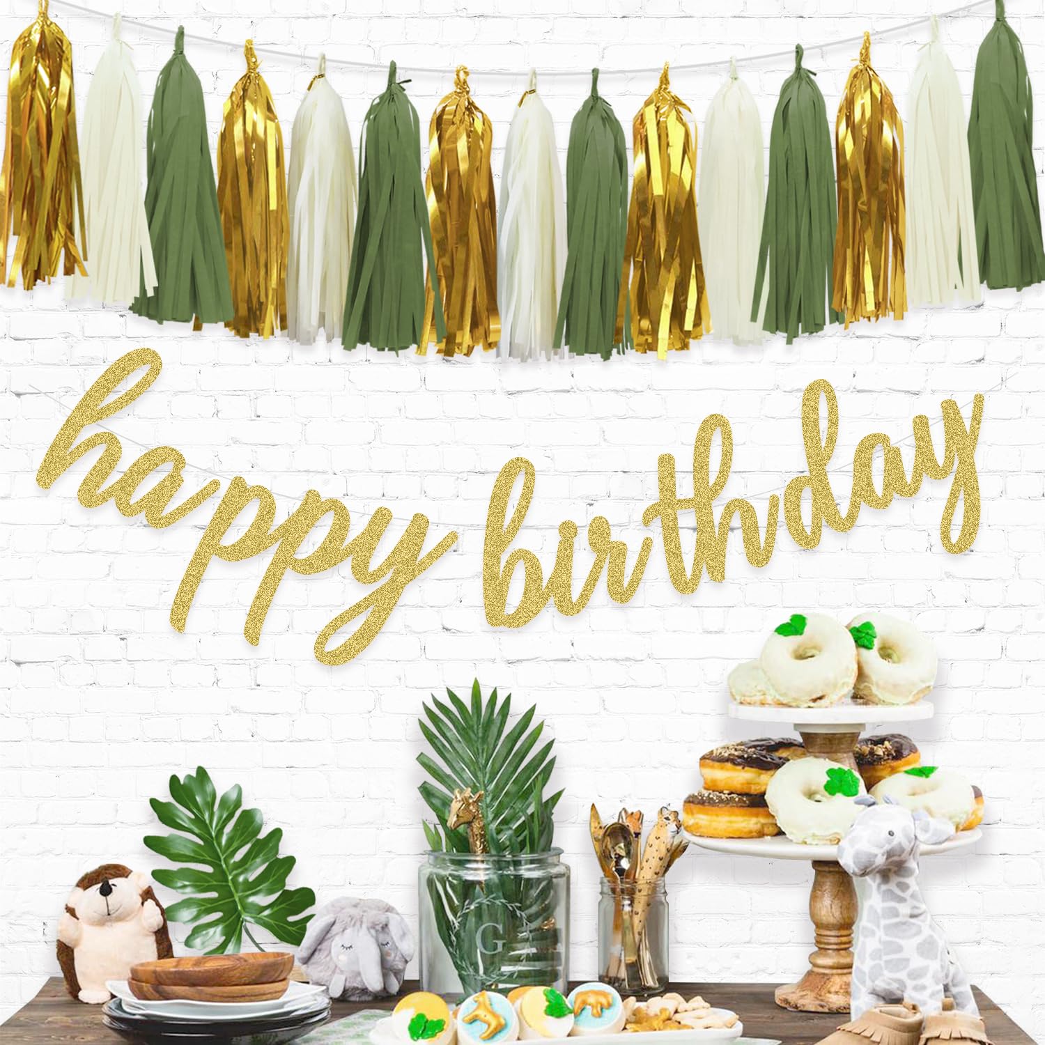 Gold Happy Birthday Banner & Paper Tassel Garland Set - Sage Green Birthday Party Decorations for Indoor/Outdoor Celebrations, Baby Showers & Anniversary Events