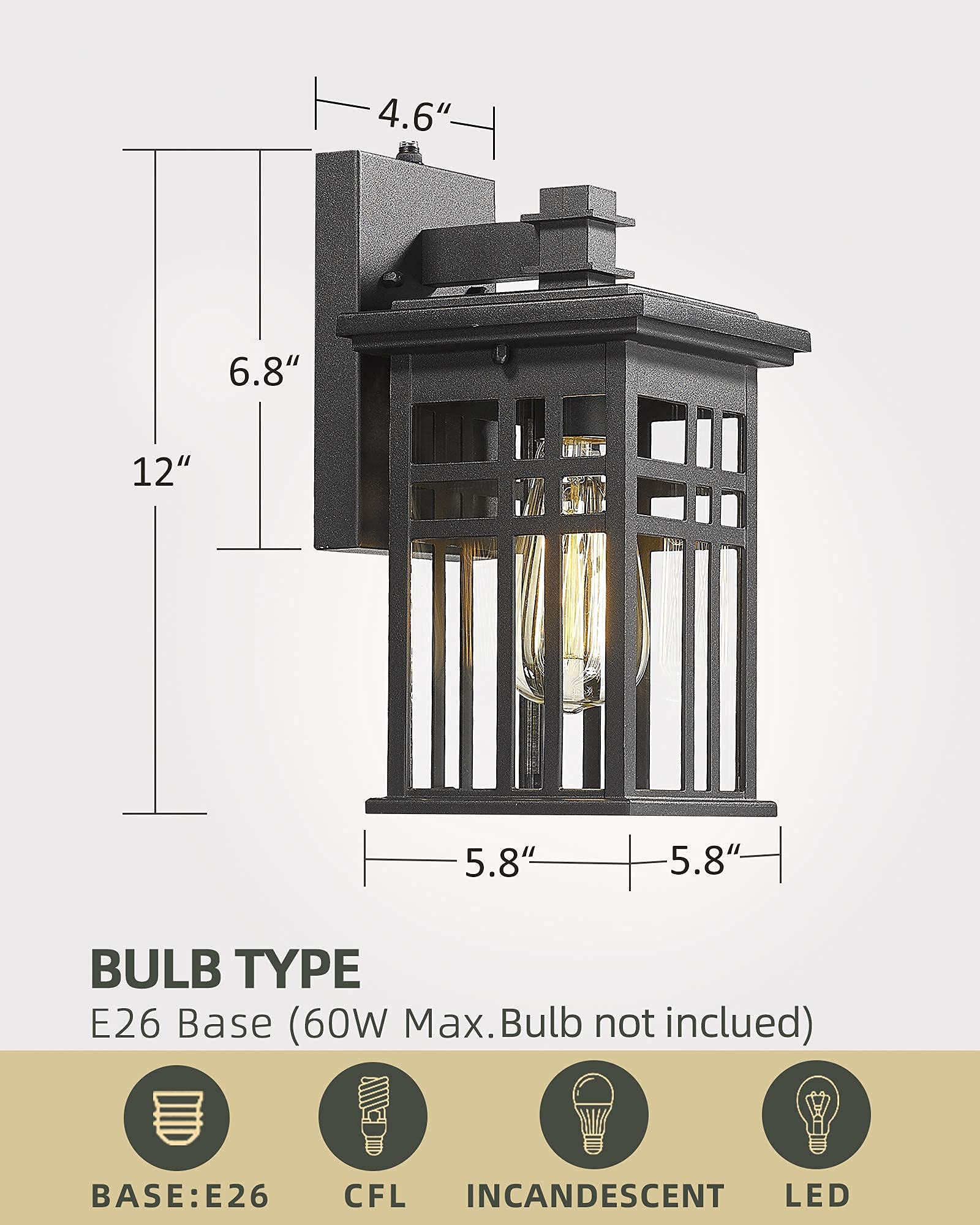 HWH Industrial Pole Lamp with Dusk to Dawn Sensor - Matte Black Exterior Wall Lantern with Clear Glass Shade - Outdoor Porch Lights for Garden, Garage, Balcony & Patio Lighting