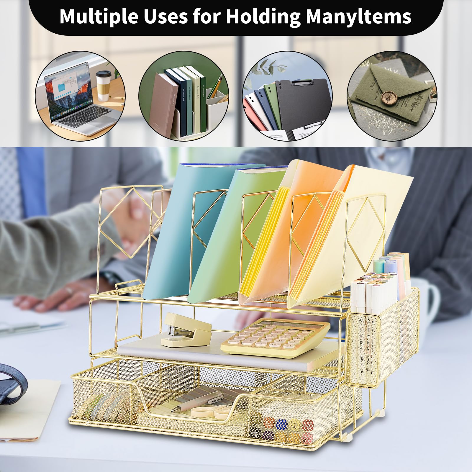 Youbetia Gold Double Tray Desk File Organizer with 5 Upright Sections, Pencil Holder & Drawer - Office Supplies for Workspace Organization | Perfect for Home Office, Study Desk & Office Workstation Accessories