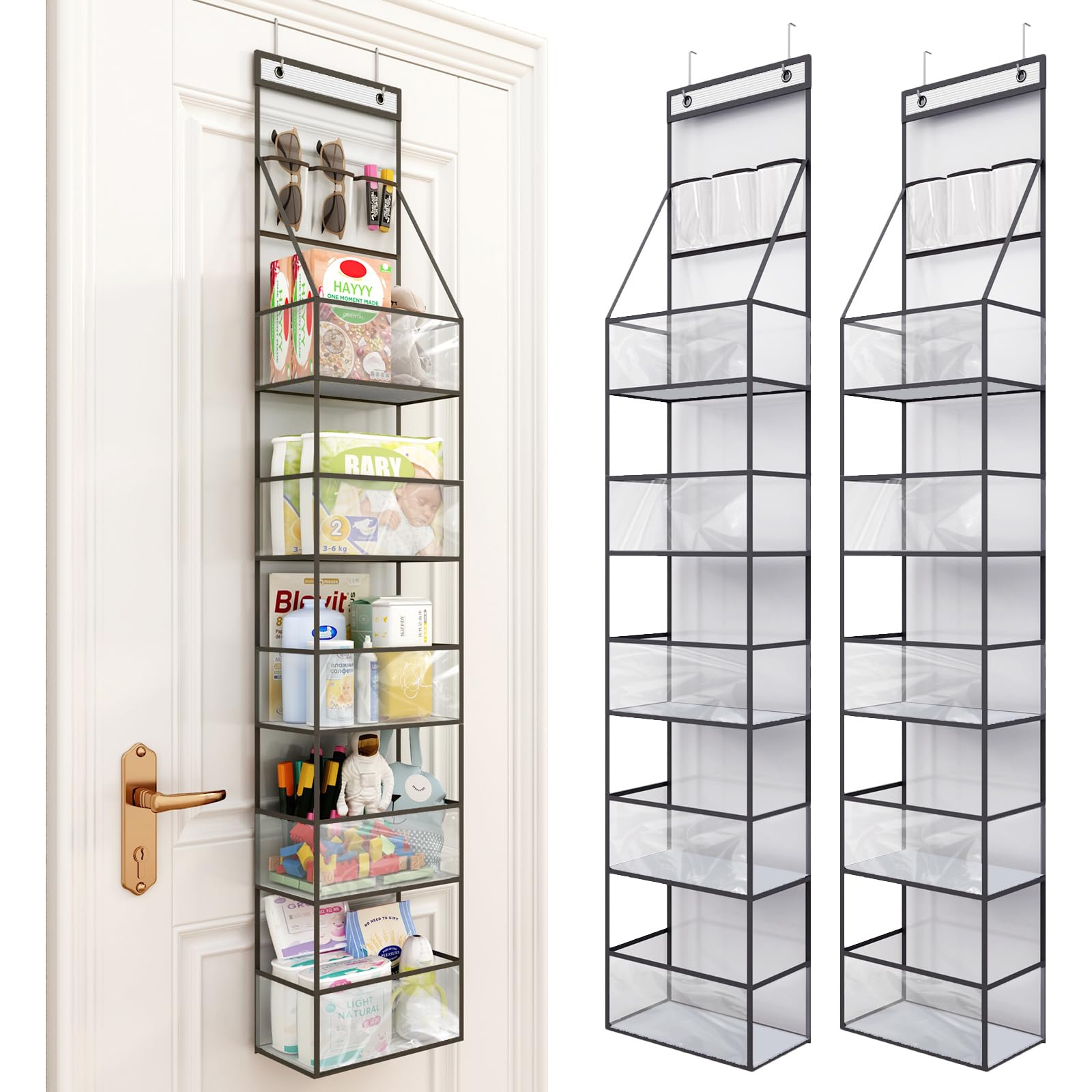 Fixwal 2-Pack Over Door Hanging Pantry Organizer - 6-Tier Clear Plastic Pocket Storage for Closet, Bedroom & Bathroom - Space Saving Behind Door Organizer with 3 Small PVC Pockets (Grey) - Perfect for Storing Spices, Toiletries & Small Essentials