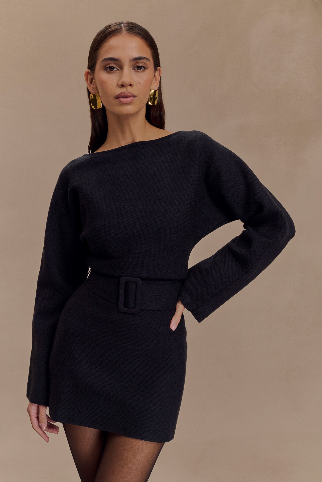 Kassie Belt Tie Knit Mini Dress for Women - Black | Slim Fit Stretchy Bodycon Dress for Party, Date Night & Casual Outings