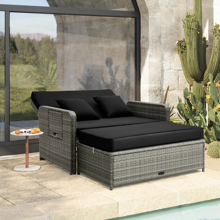 Costway 2-Person Patio Rattan Loveseat Sofa with Adjustable Backrest & Ottoman - Gray Outdoor Furniture Set for Garden, Balcony, Deck (Weather-Resistant Wicker)