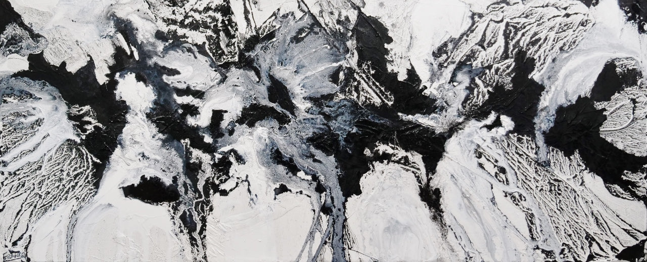 240cm x 100cm White Black Textured Abstract Iced Carbon Painting - Modern Wall Art for Living Room, Bedroom & Office Decor