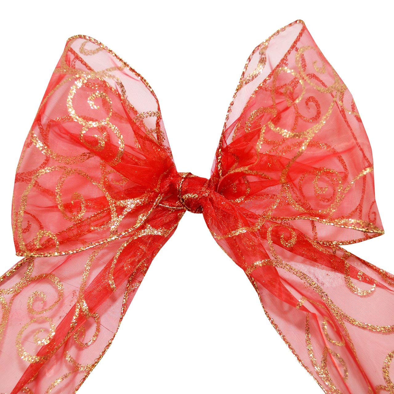 Morex 4-Inch x 25-Yard Wired Sheer Glitter Ribbon Spool - Red/Gold Swirl Design for Gift Wrapping, Christmas Decorations & Craft Projects