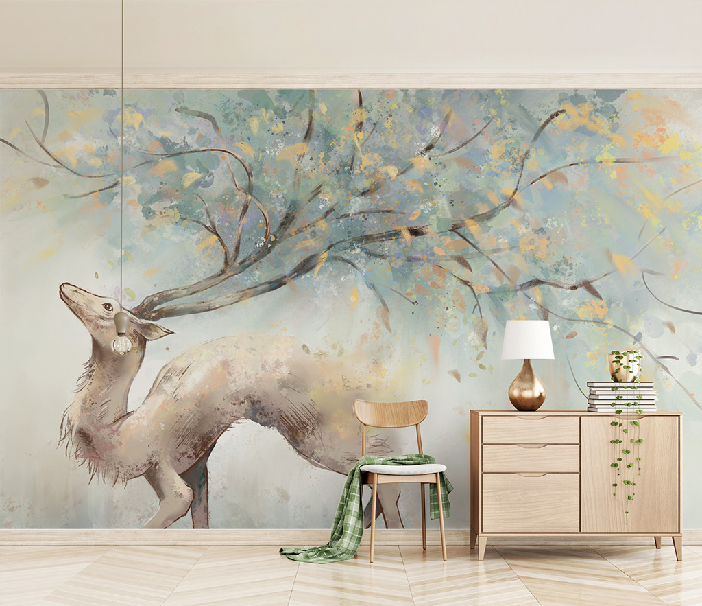 Winter Reindeer Christmas Tree Trunks Wallpaper Mural - Perfect for Living Room, Bedroom, and Holiday Home Decor