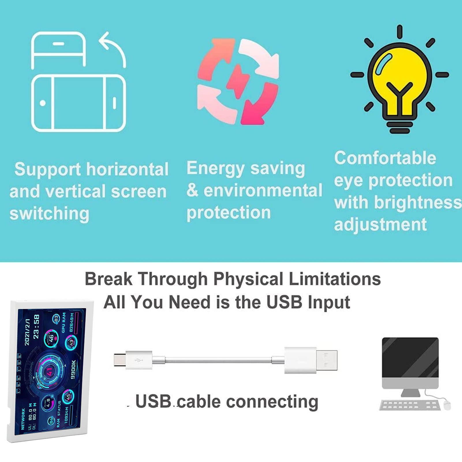 Zunate 5-inch USB Computer Temperature Monitor - IPS Mini PC Sensor Display with 360° Rotation, DIY Themes & Auto Screen Rest - Real-Time CPU/GPU Temp Monitoring for Windows PC - Perfect for Gaming Rigs, Workstations & Home Office Setups