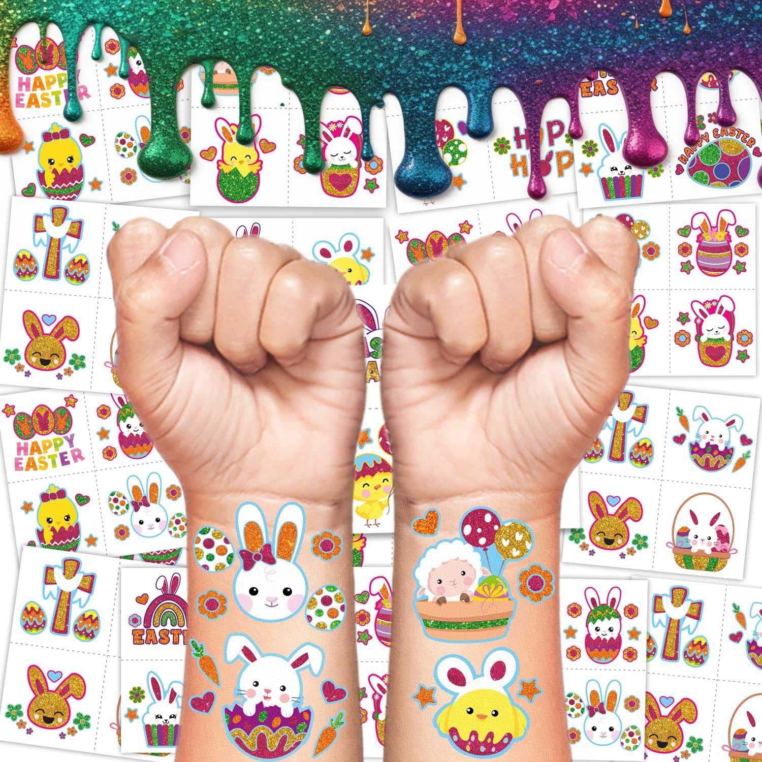100pcs Glitter Temporary Tattoos for Kids - Easter Basket Stuffers, Party Favors, Goodie Bag Fillers | Non-Candy Easter Egg Trinkets, Face Gems for Classroom Activities, Birthday Parties & Holiday Celebrations (Girls & Boys)