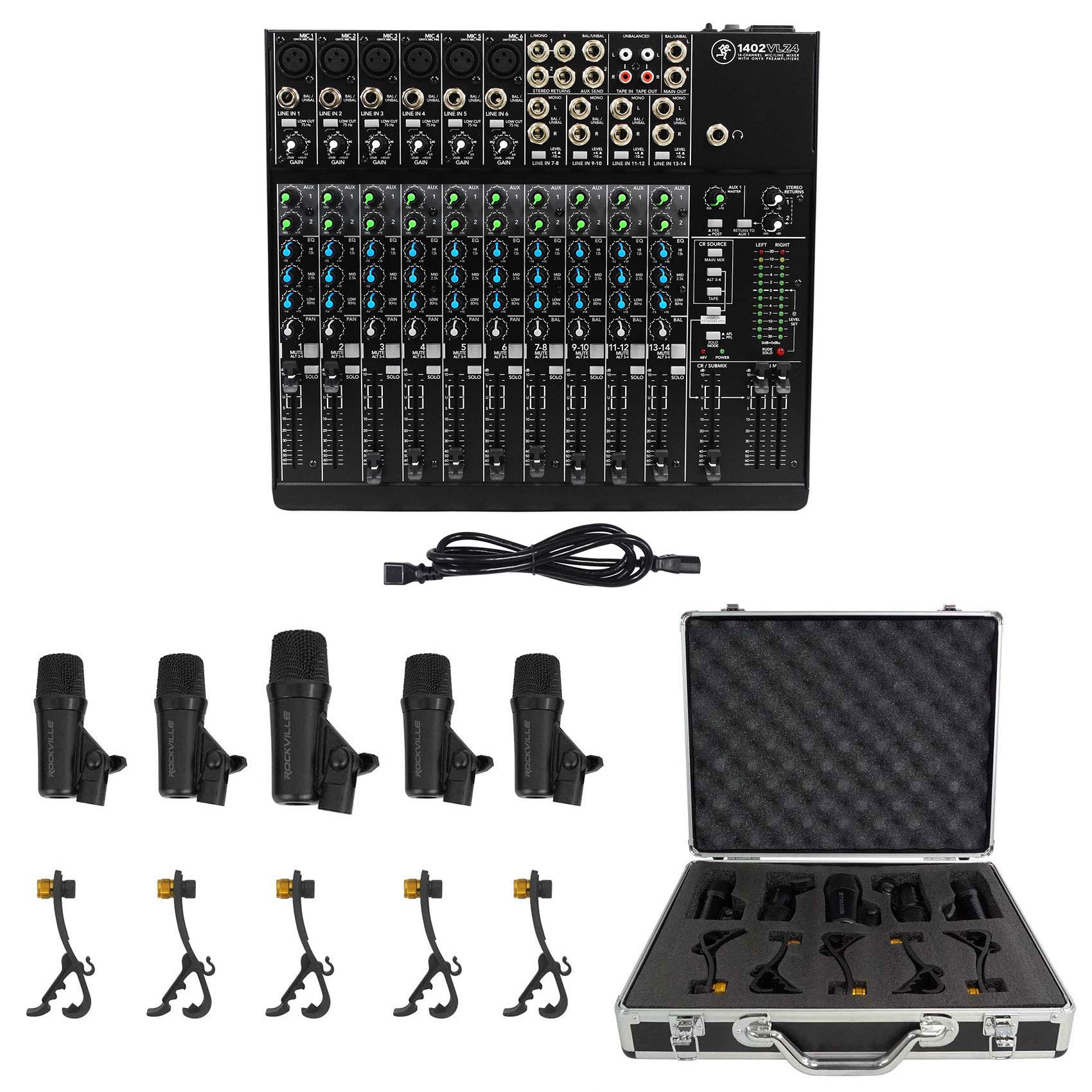 Mackie 1402VLZ4 14-Channel Professional Analog Mixer with 6 Onyx Preamps & 5-Piece Drum Mic Kit - Perfect for Live Sound, Studio Recording, and Podcasting