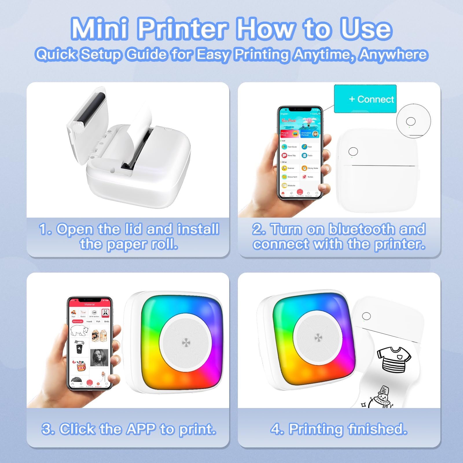 Mini Sticker Printer with 6 Rolls Paper - Portable Thermal Label Maker for DIY Scrapbooking, Travel Journal, Notes & Memos - 7 Color LED Light Modes - Wireless Bluetooth Compatible with iPhone & Android Phones (Perfect for Home Office, School Projects & Gift Wrapping)