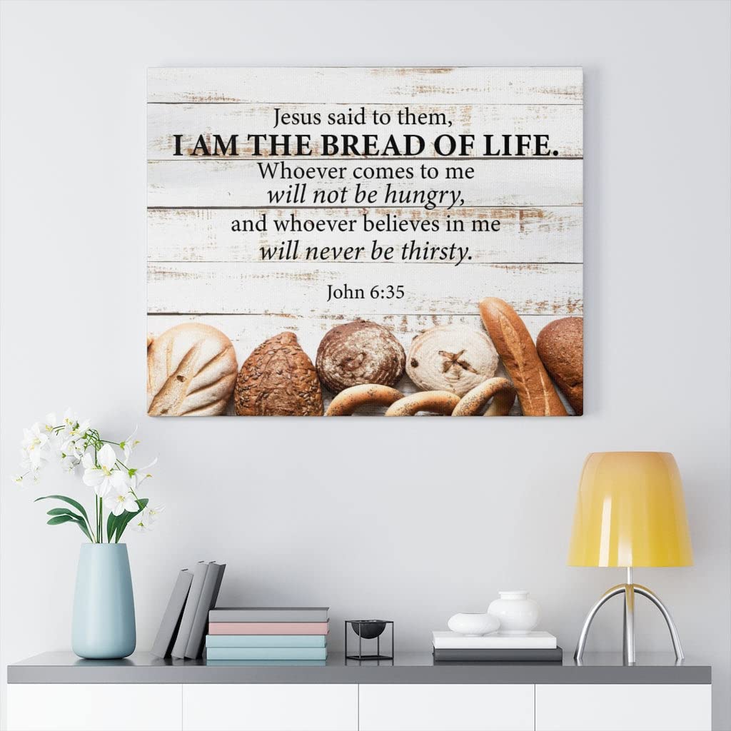 John 6:35 I Am The Bread of Life Bible Verse Canvas - Christian Wall Art for Home Decor, Church & Office - Inspirational Scripture Gift for Weddings, Baptisms & Religious Occasions