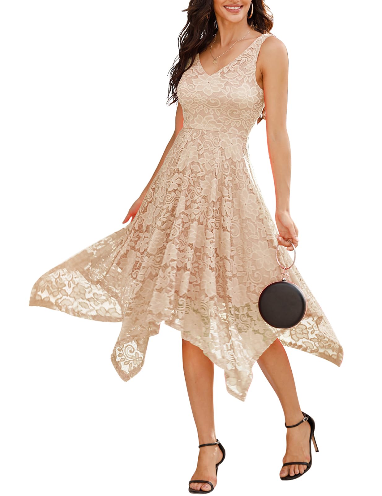 Meetjen Women's Elegant Lace Cocktail Party Dress 2025 - Handkerchief Hem Bridesmaid & Prom Formal Gown for Wedding Guest | Perfect for Evening Events, Cocktail Parties & Special Occasions