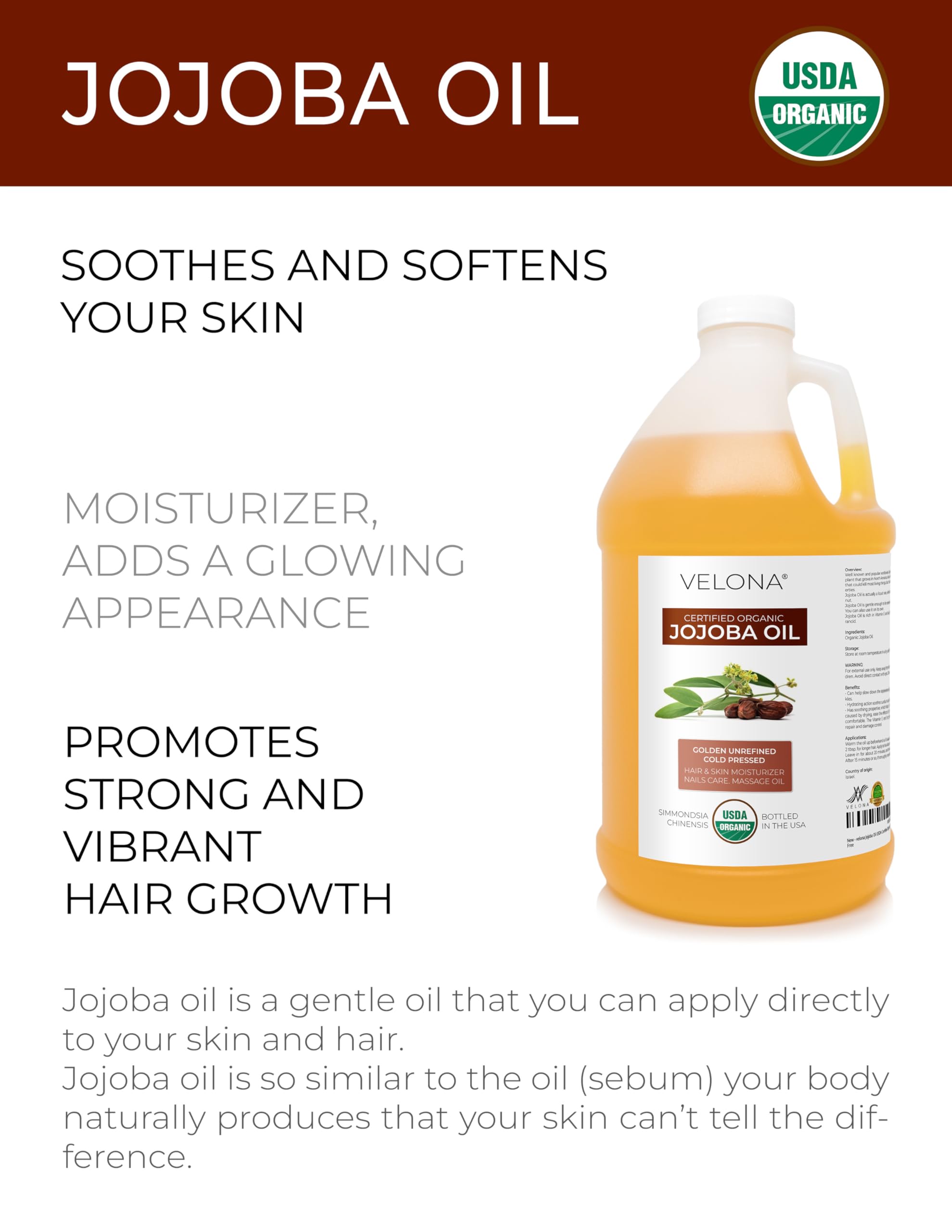 Organic Jojoba Oil 1 Gallon (128 Fl Oz) - USDA Certified, 100% Pure, Cold Pressed, Unrefined & Hexane Free | Golden Carrier Oil for Skin, Hair & Massage | Perfect for DIY Beauty, Aromatherapy & Natural Skincare
