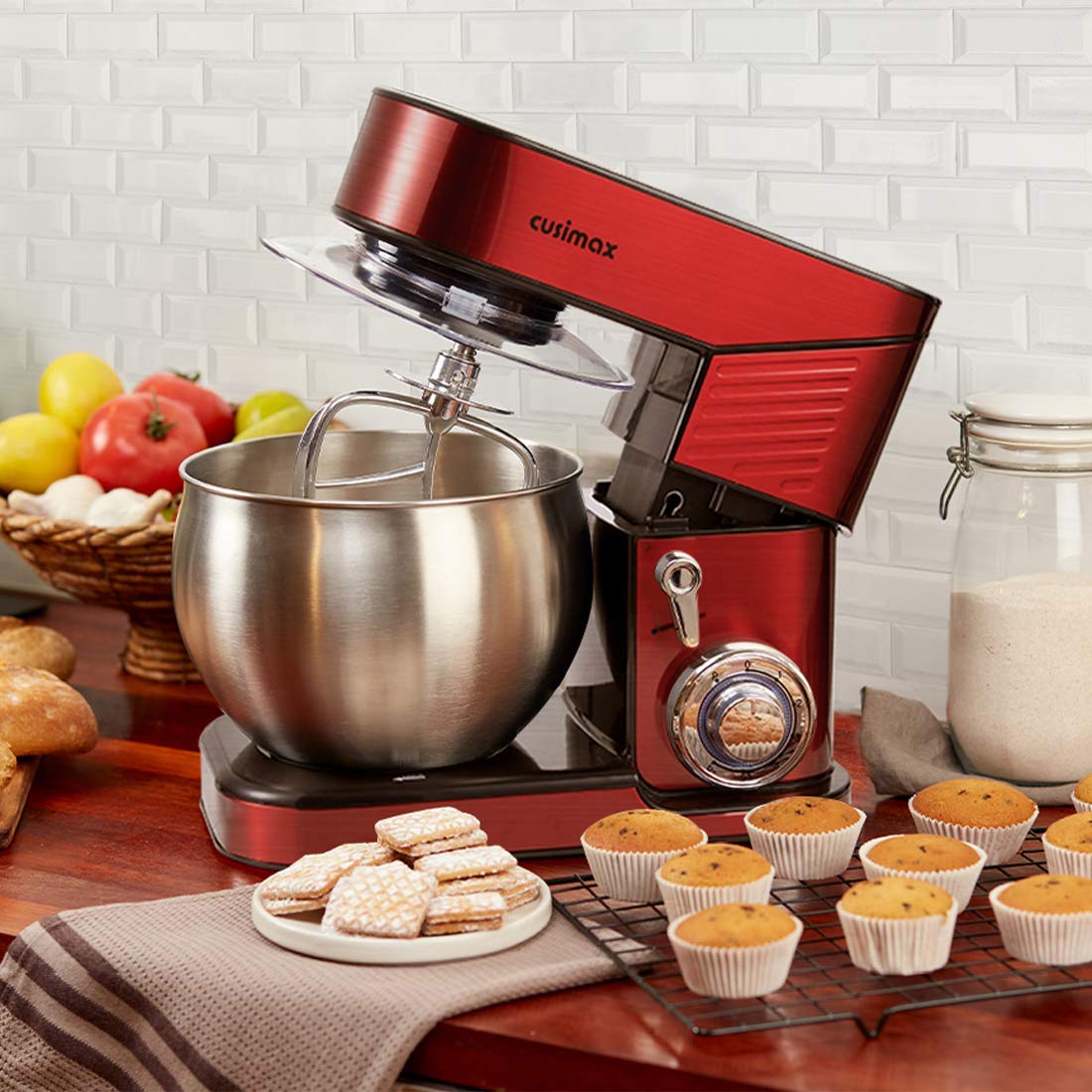 CUSIMAX 6.5QT Stand Mixer - 6-Speed Tilt-Head Electric Dough Mixer with Stainless Steel Bowl, Dough Hook, Wire Whisk & Flat Beater - Perfect for Baking Bread, Cakes, Cookies & More - Red Kitchen Mixer for Home Bakers
