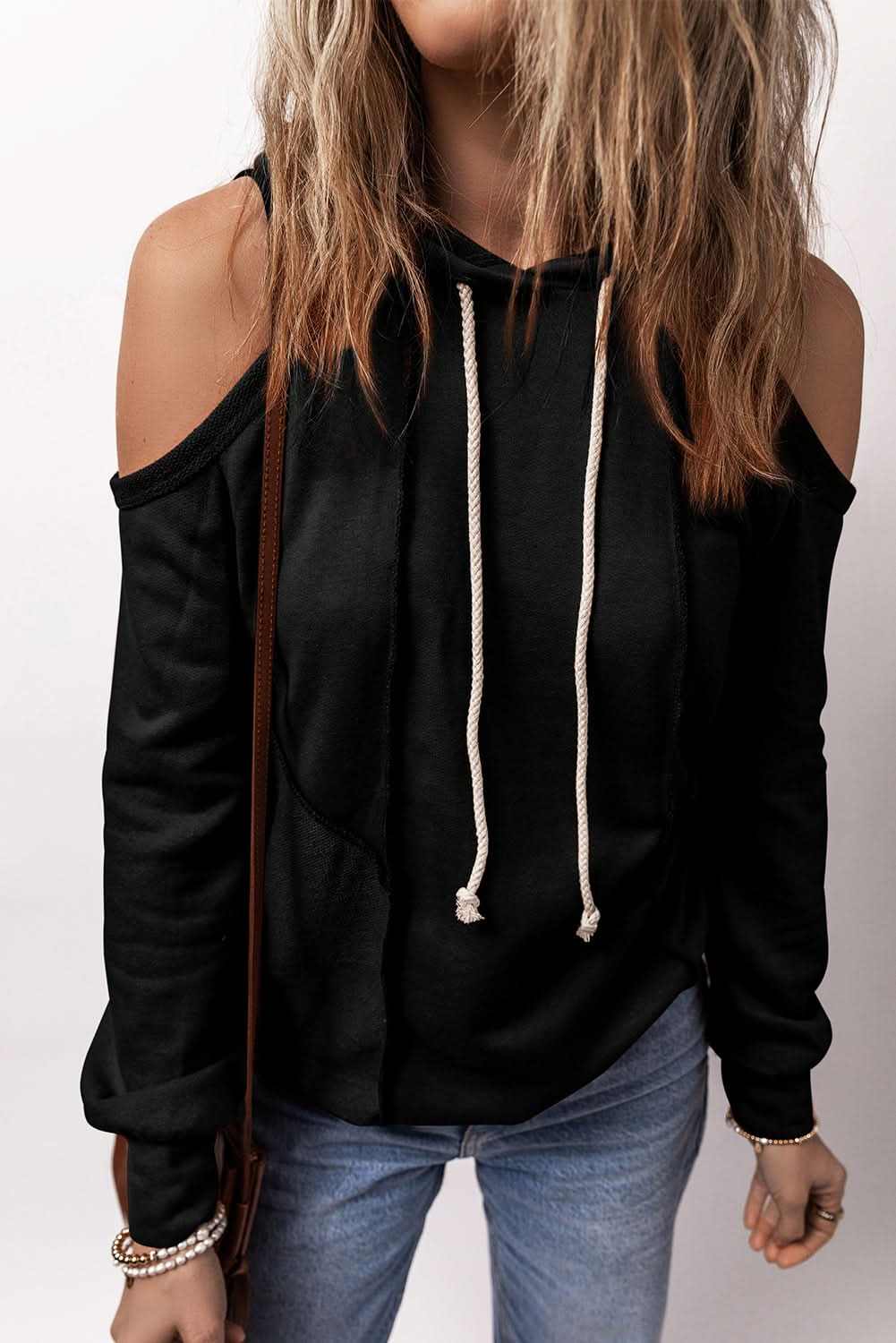Stylish Black Cold Shoulder Hoodie for Women - Trendy Oversized Pullover Sweatshirt for Casual Outfits, Streetwear & Layering