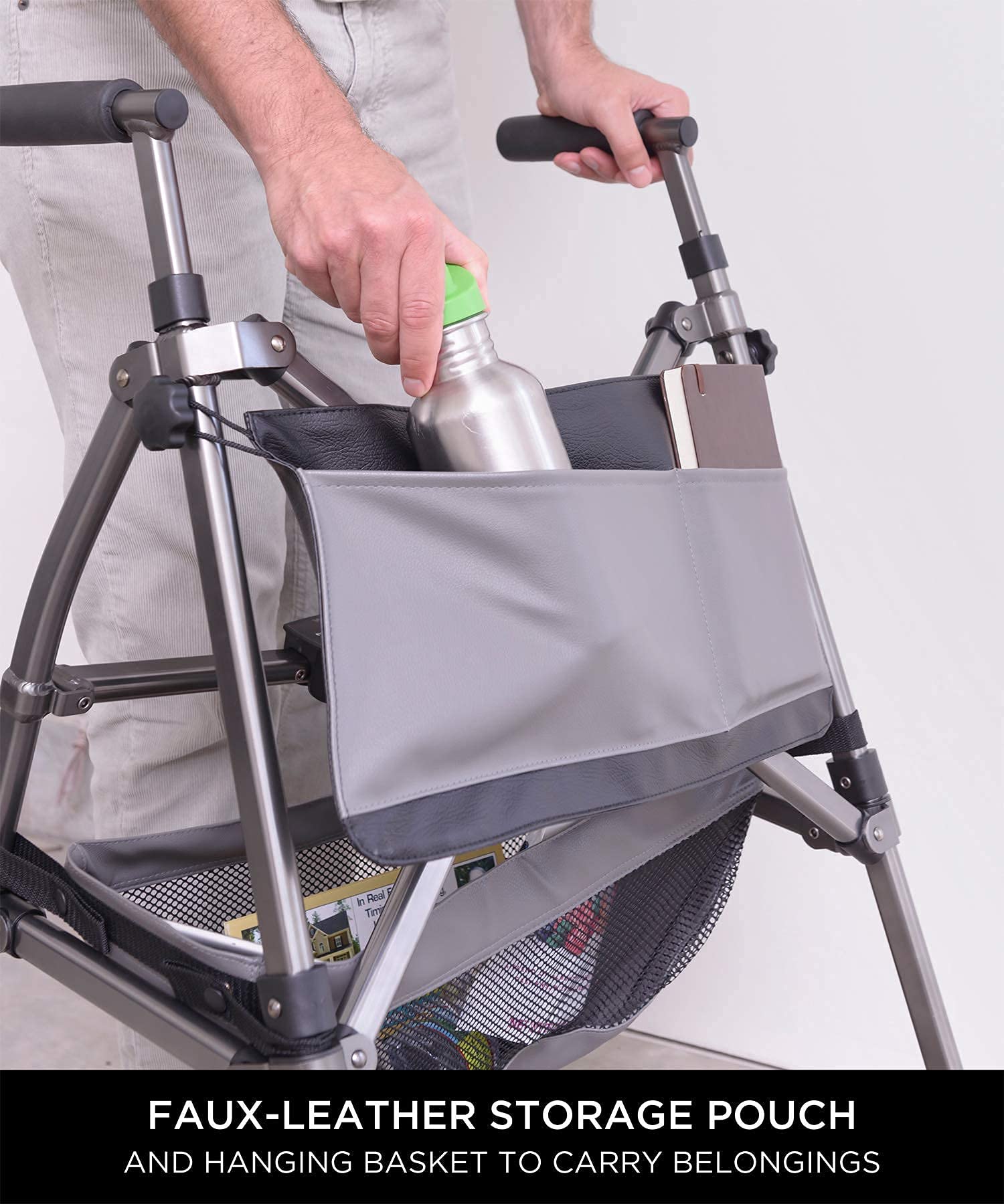 Signature Life Elite Travel Walker - Lightweight Folding Rolling Walker with Swivel Wheels for Adults & Seniors | Adjustable Height, Ski Glides & Storage Pouch | Ideal for Travel, Rehab & Daily Mobility Assistance