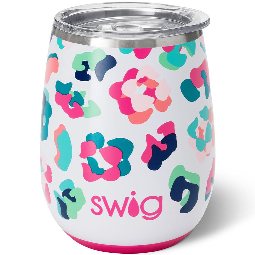 Swig 14oz Insulated Stainless Steel Wine Tumbler with Lid - Dishwasher Safe, Leakproof Travel Wine Glass for Women - Perfect for Outdoor Parties, Picnics, Beach Trips & Camping (Party Animal Design)