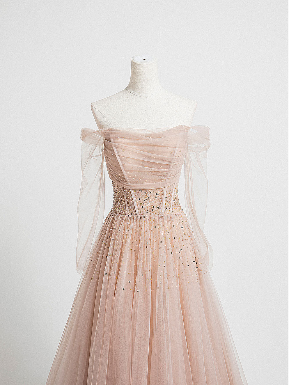 Elegant Champagne Pink Tulle Beaded Long Prom Dress for Evening Gala & Formal Events - Perfect for Homecoming, Wedding Guest, and Special Occasions