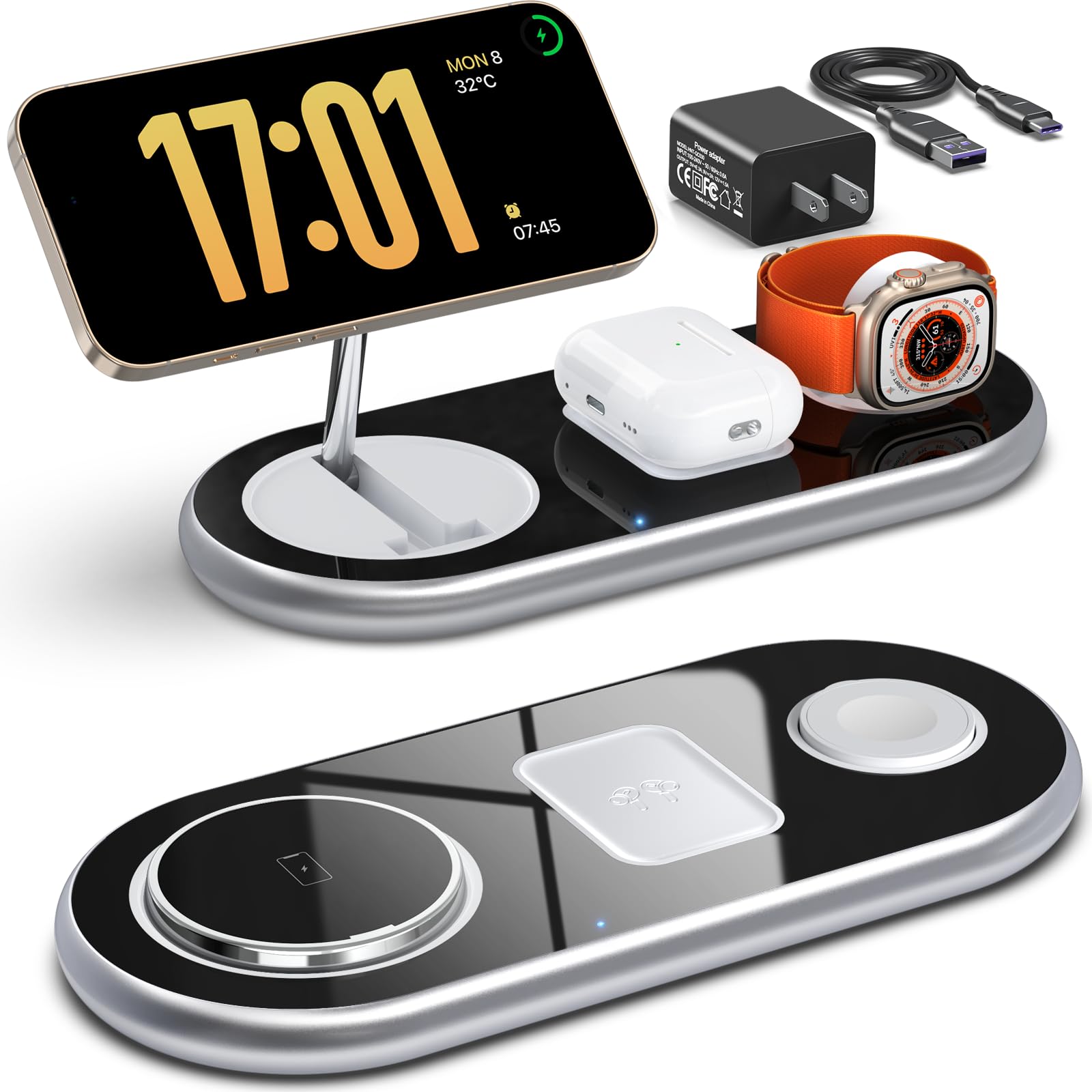 3-in-1 Magnetic Wireless Charging Station for iPhone 16/15/14/13/12 Pro Max Plus, Apple Watch & AirPods - Fast MagSafe Charger Stand with Adjustable Angle | Perfect for Home, Office & Nightstand Charging