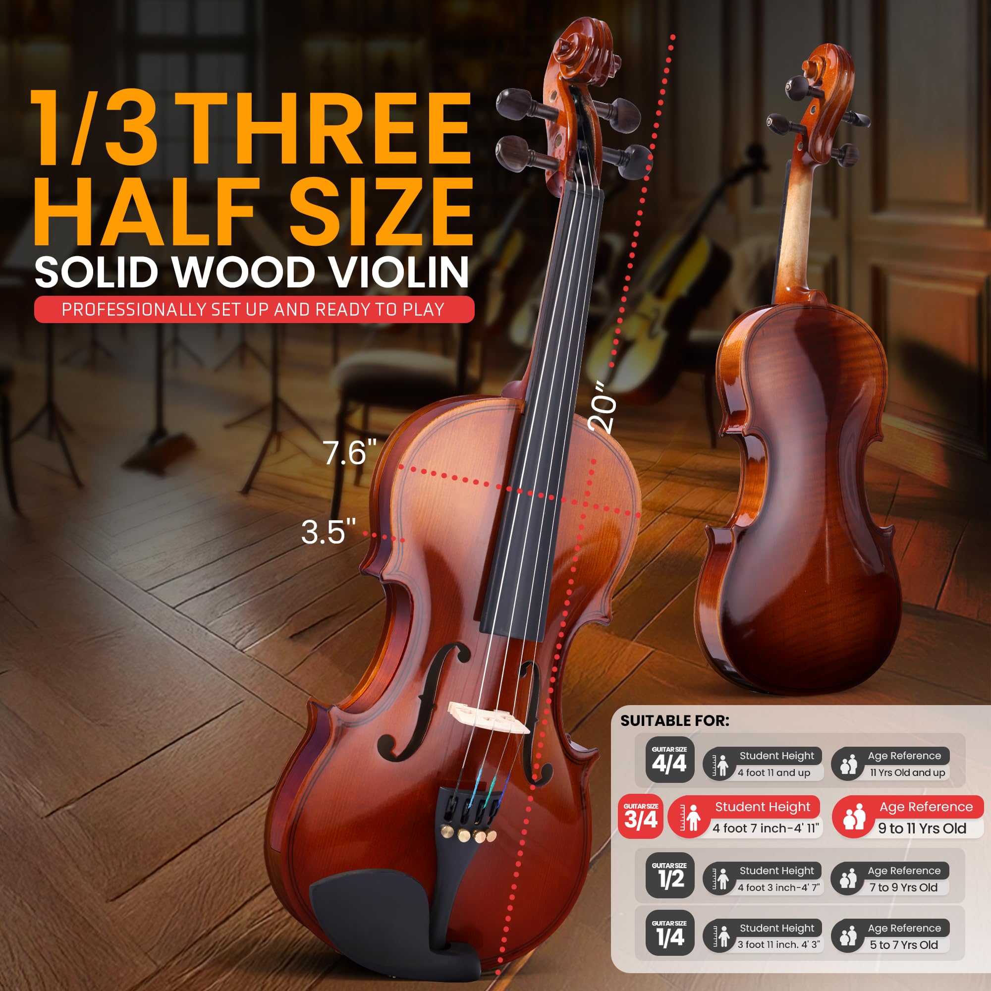 Pyle 3/4 Size Beginner Violin Starter Kit - Full Set with Travel Case, Bow, Extra Strings, Digital Tuner, Shoulder Rest & Cleaning Cloth - Perfect for Students, Kids & Adults Learning Violin at Home, School or Music Class