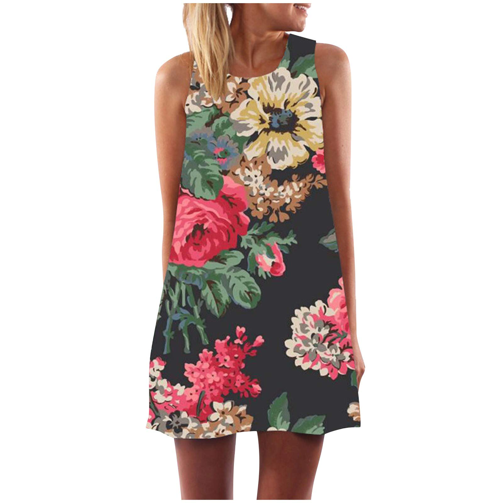 aihihe Women's Floral Printed Summer Tank Dress - Sleeveless Casual Crewneck A-Line T-Shirt Dress for Beach, Vacation & Everyday Wear