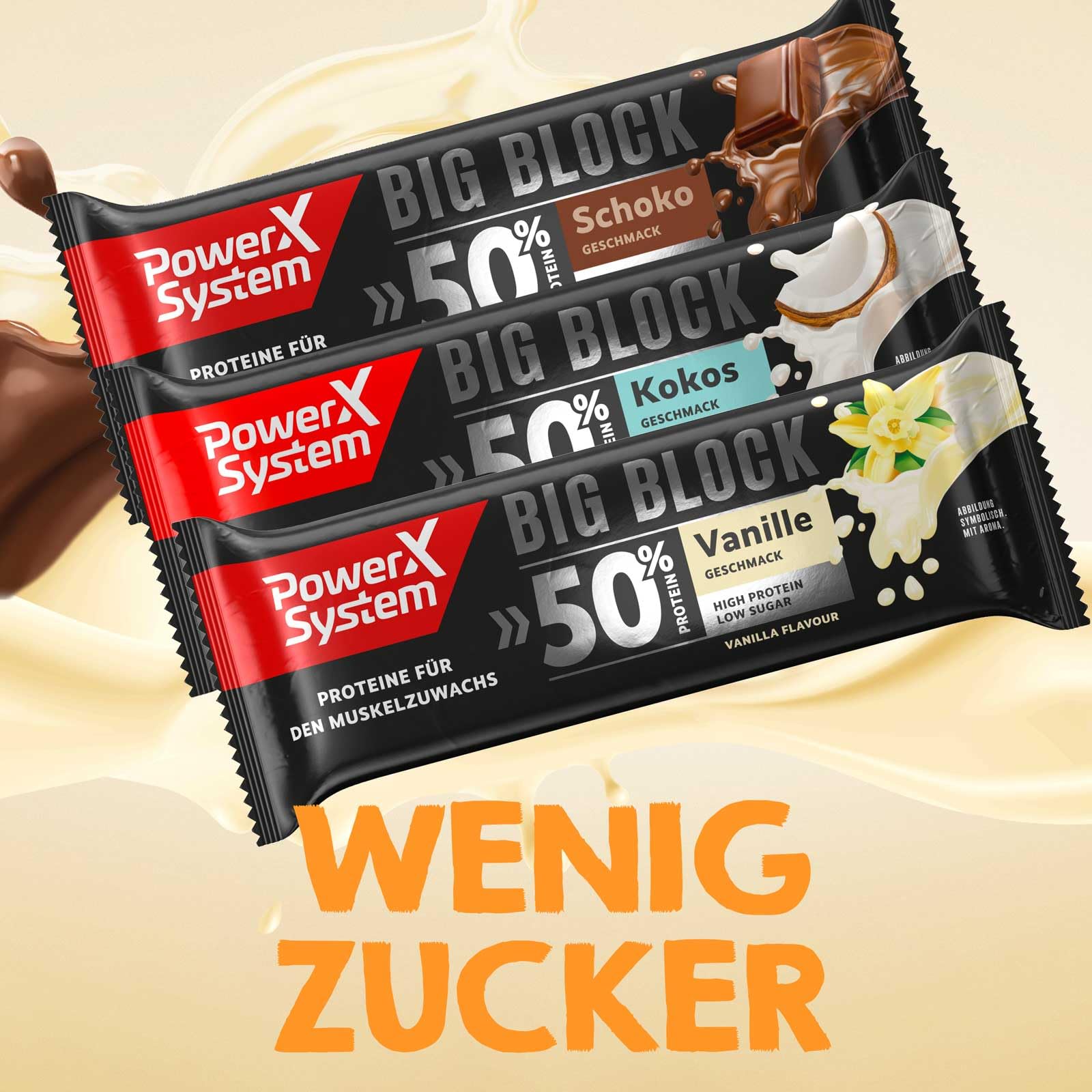 Power System Big Block 50% High Protein Bar Mix Box - Vanilla, Chocolate & Coconut Flavors (6 x 100g Protein Bars) for Gym, Workout & Healthy Snacking