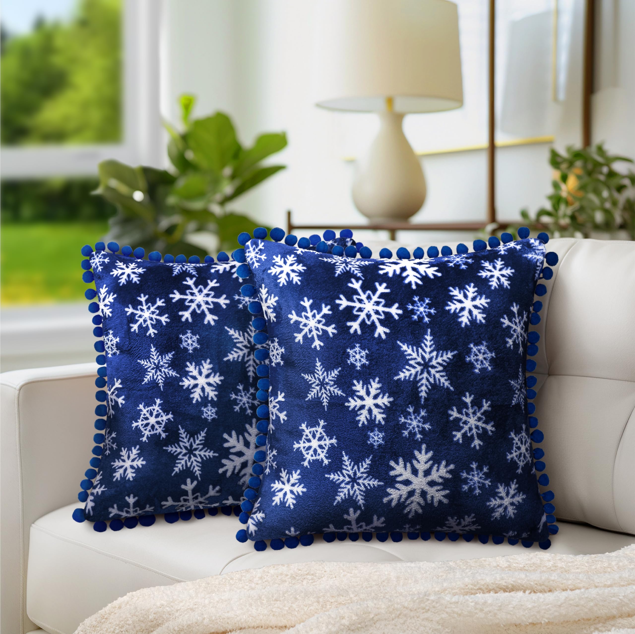 PAVILIA 18x18 Inch Blue Snowflake Throw Pillow Covers Set of 2 - Velvet Plush Pom Pom Decorative Cushion Covers for Sofa, Couch, Bed - Christmas Winter Holiday Home Decor for Living Room, Bedroom