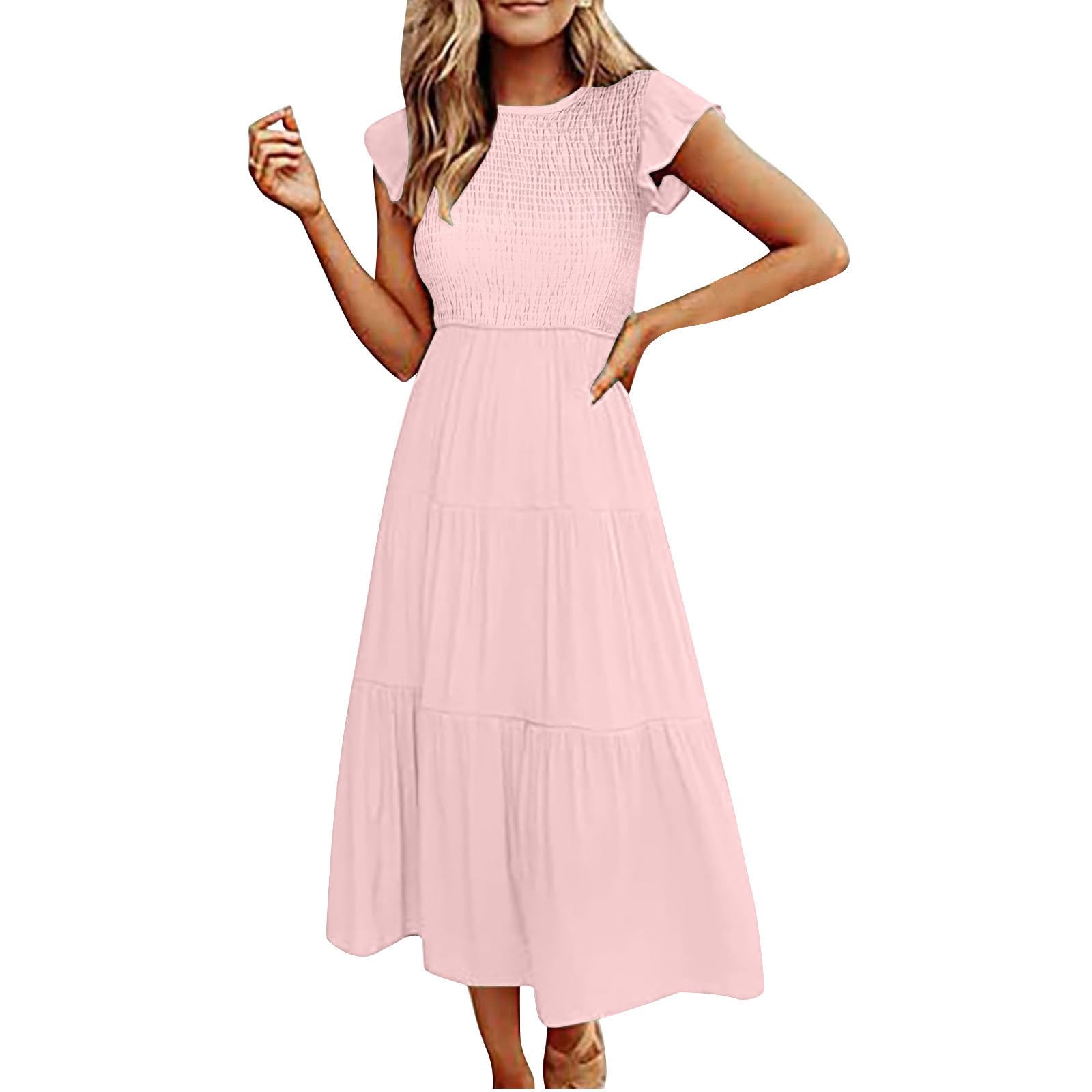 2024 Summer Dresses for Women - Casual Short Sleeve Smocked Elastic Waist Tiered Midi Dress for Work & Vacation | Beach, Office & Date Night Outfits