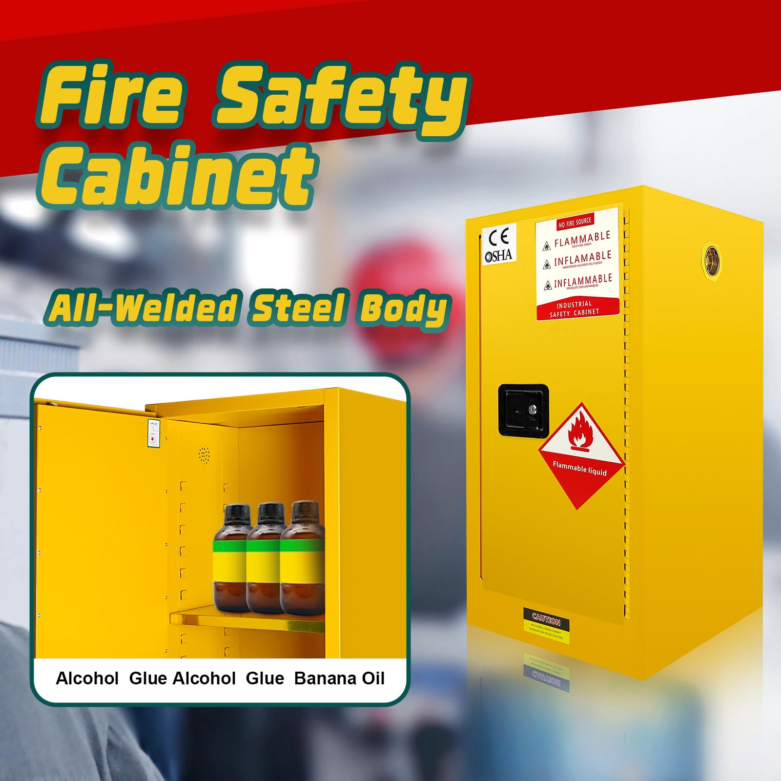 16 Gallon Flammable Storage Cabinet - 18''x18''x35'' Yellow Fire Safety Cabinet for Flammable Liquids, Heavy-Duty Cold-Rolled Steel Construction - Ideal for Industrial Workshops, Laboratories, Garages & Home Use