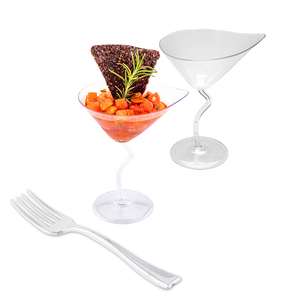 100-Pack 3 oz Clear Plastic Martini Glasses & 100-Pack Silver Plastic Mini Forks - Perfect for Cocktail Parties, Weddings, and Catering Events